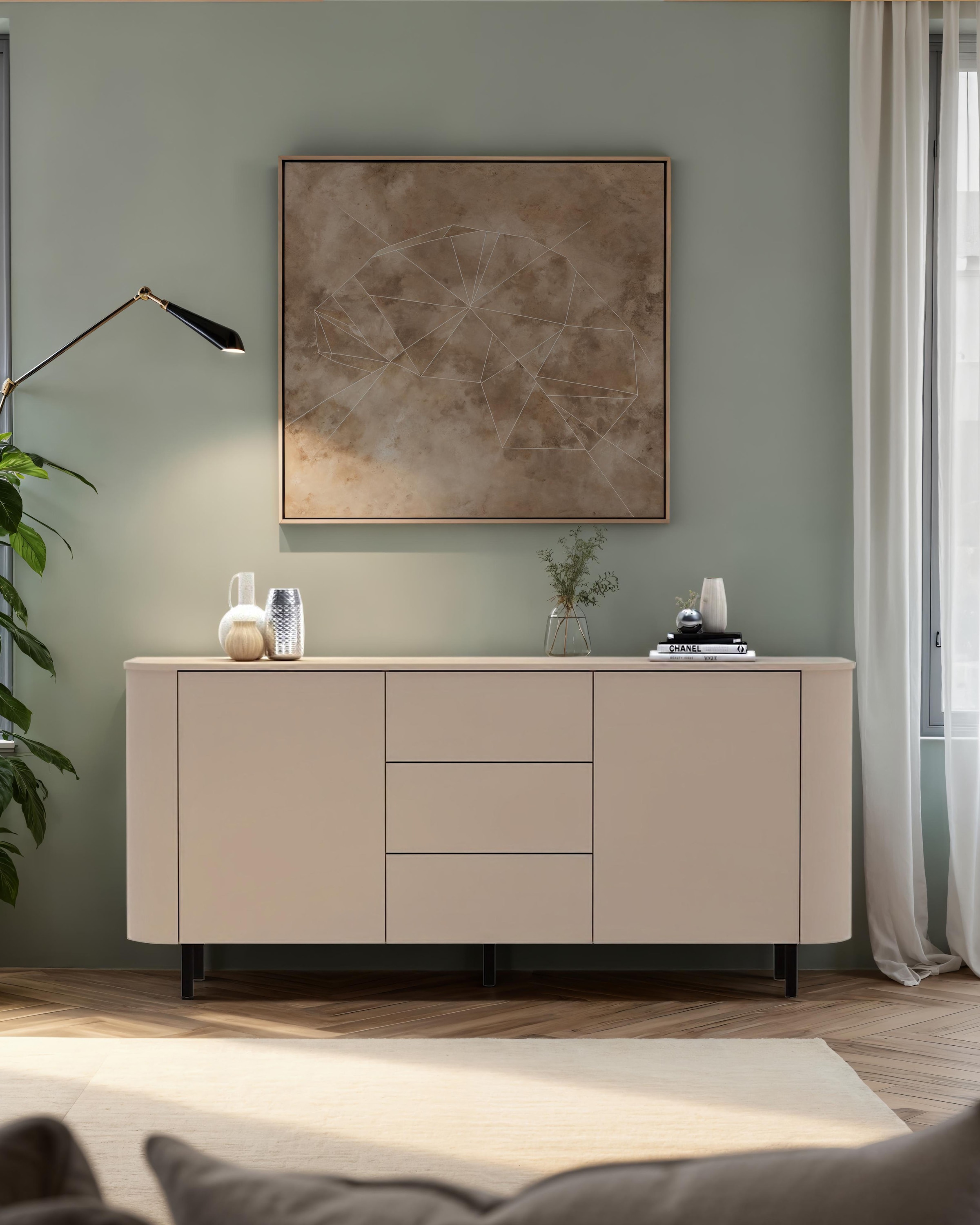 INOSIGN Sideboard »Lido, 181 cm breit, 2 Türen, 3 Schubkästen, Kommode, Stauraumschrank« Formgebogenes MDF, Stirnseiten mit Rundung, Push-to-open, Metallfüsse