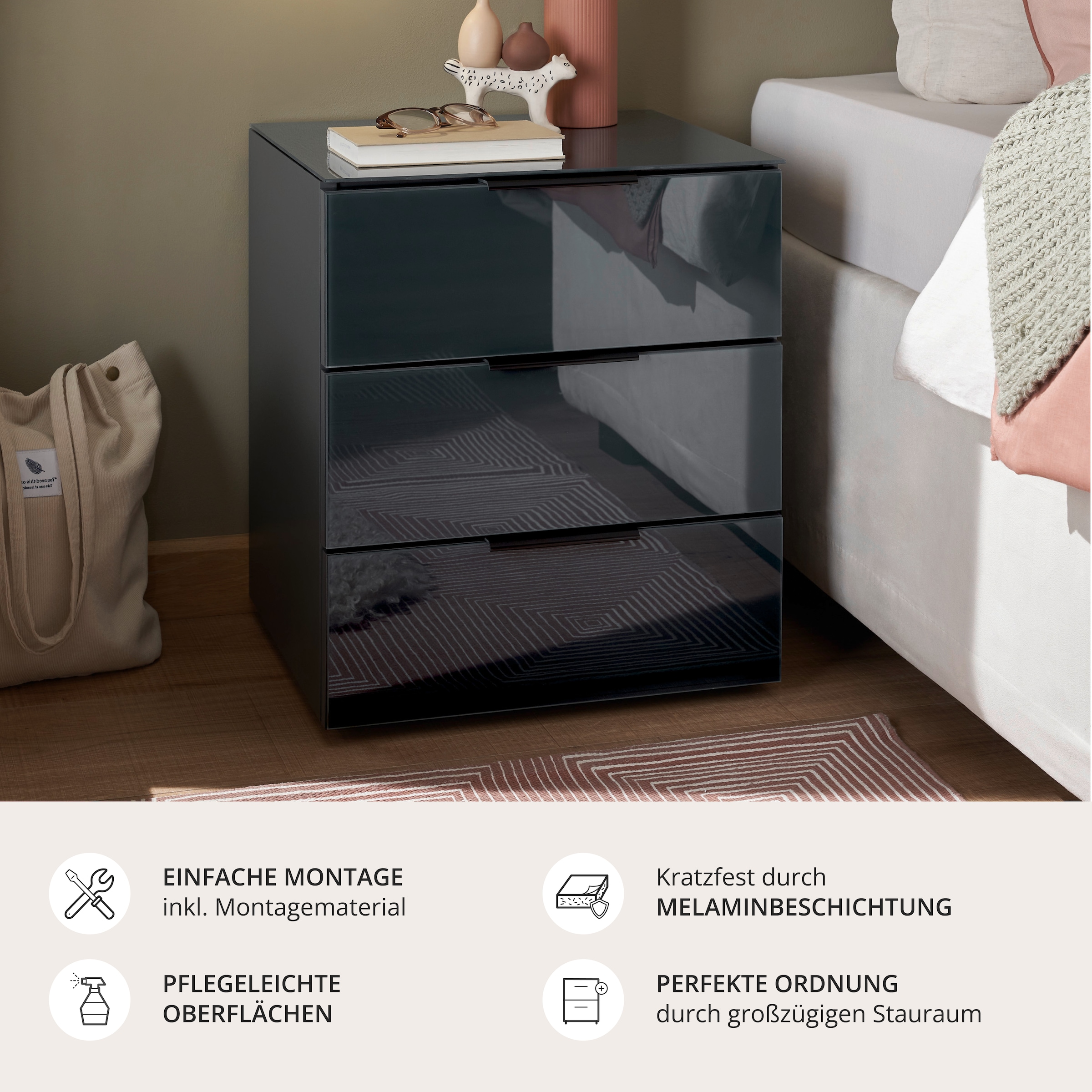 Schlafkontor Table de nuit »Pari Nachtkonsole, Nachtschrank, Nachttisch« mit 3 Schubkastenfronten aus Glas