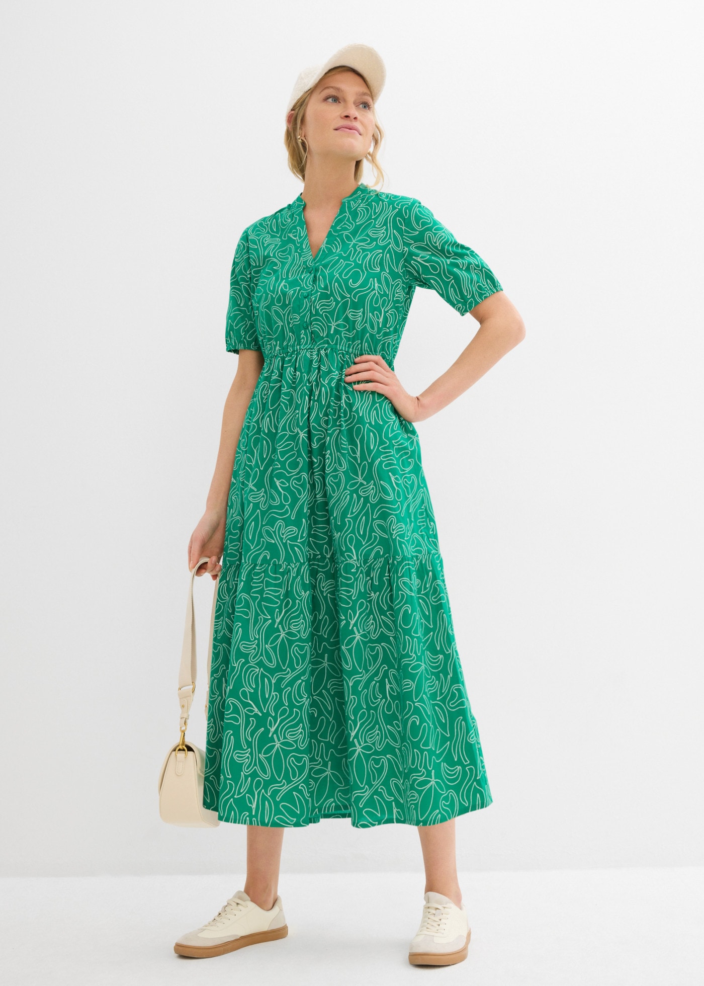 Image of bonprix Midikleid körperumspielende Form, mit Henleykragen, Halbarm-Design