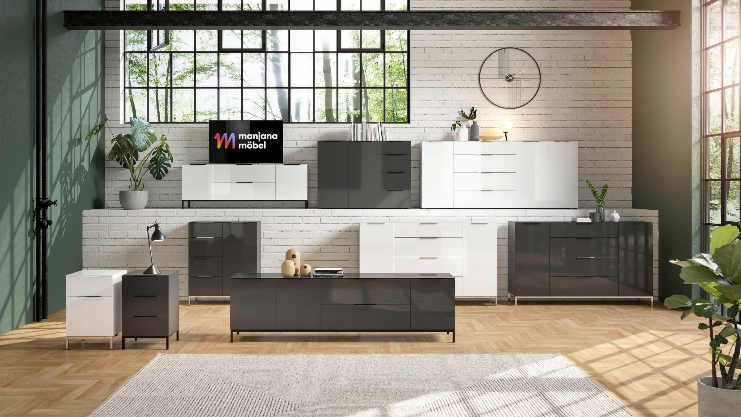 Manjana Möbel Sideboard »Style« mit Glasfronten, mit Metallgriffen, melaminbeschichtet