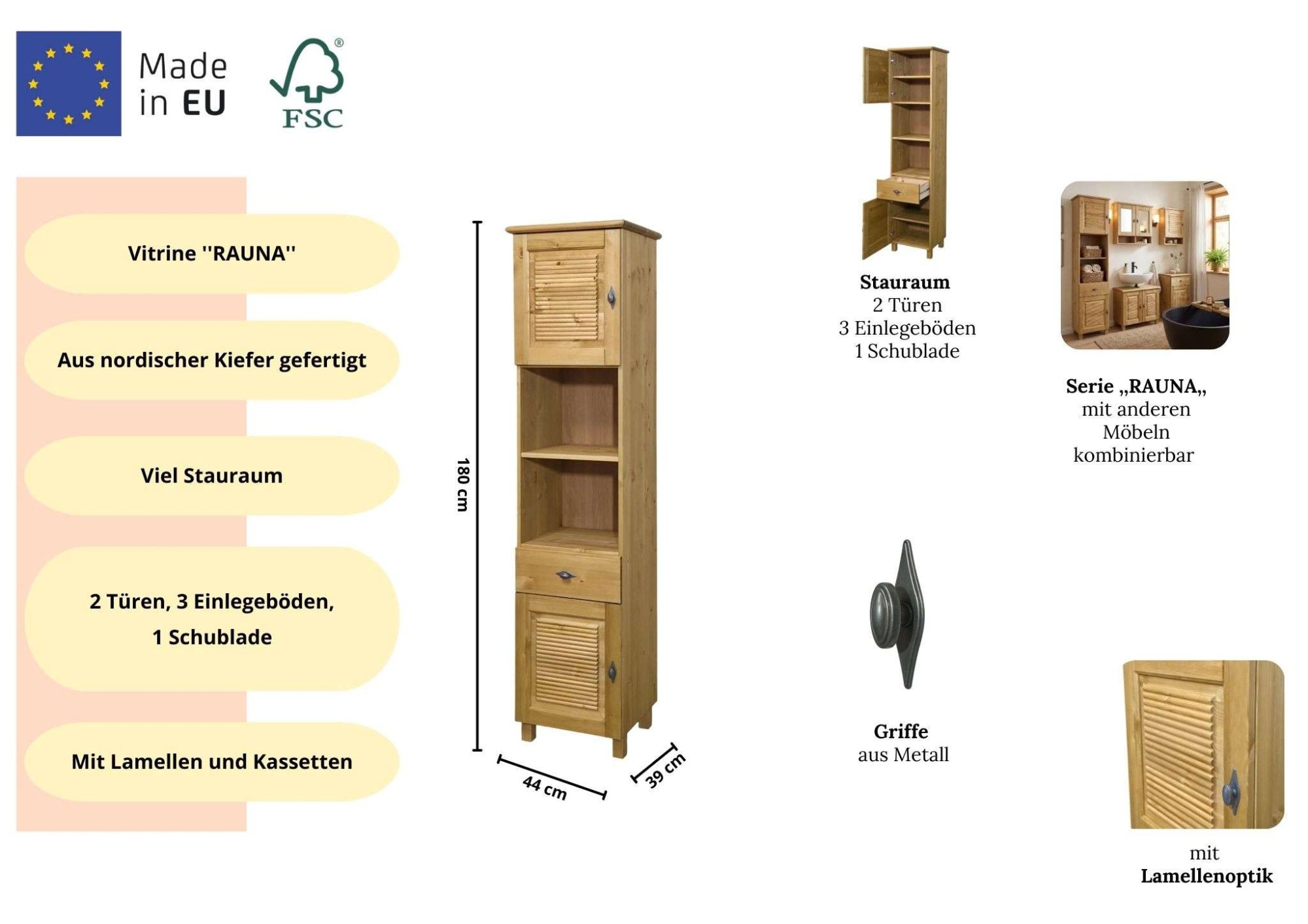 GOODproduct Armoire haute »Rauna« aus massiver Kiefer, Breite 44 cm, Rillenoptik, made in EU