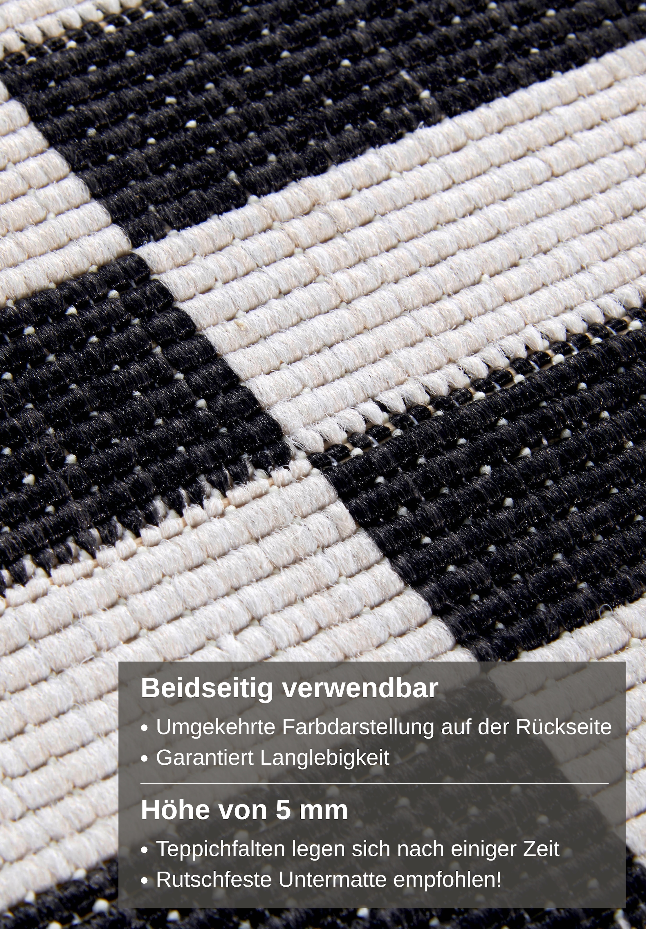 my home Teppich »Viela  Outdoor Wendeteppich, auch als Läufer erhältlich«, rechteckig, 5 mm Höhe, schwarz weiss, Flachgewebe, Balkon, Wohnzimmer, In-Outdoor, wasserfest