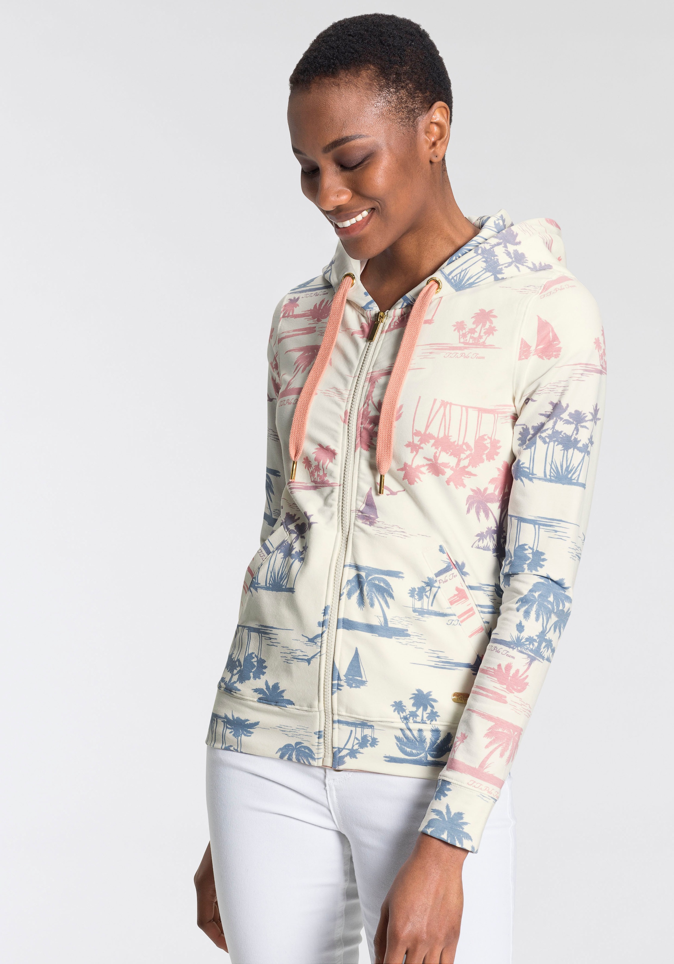 Image of TOM TAILOR Polo Team Kapuzensweatjacke, mit sommerlichem Allover-Druck bei Ackermann Versand Schweiz