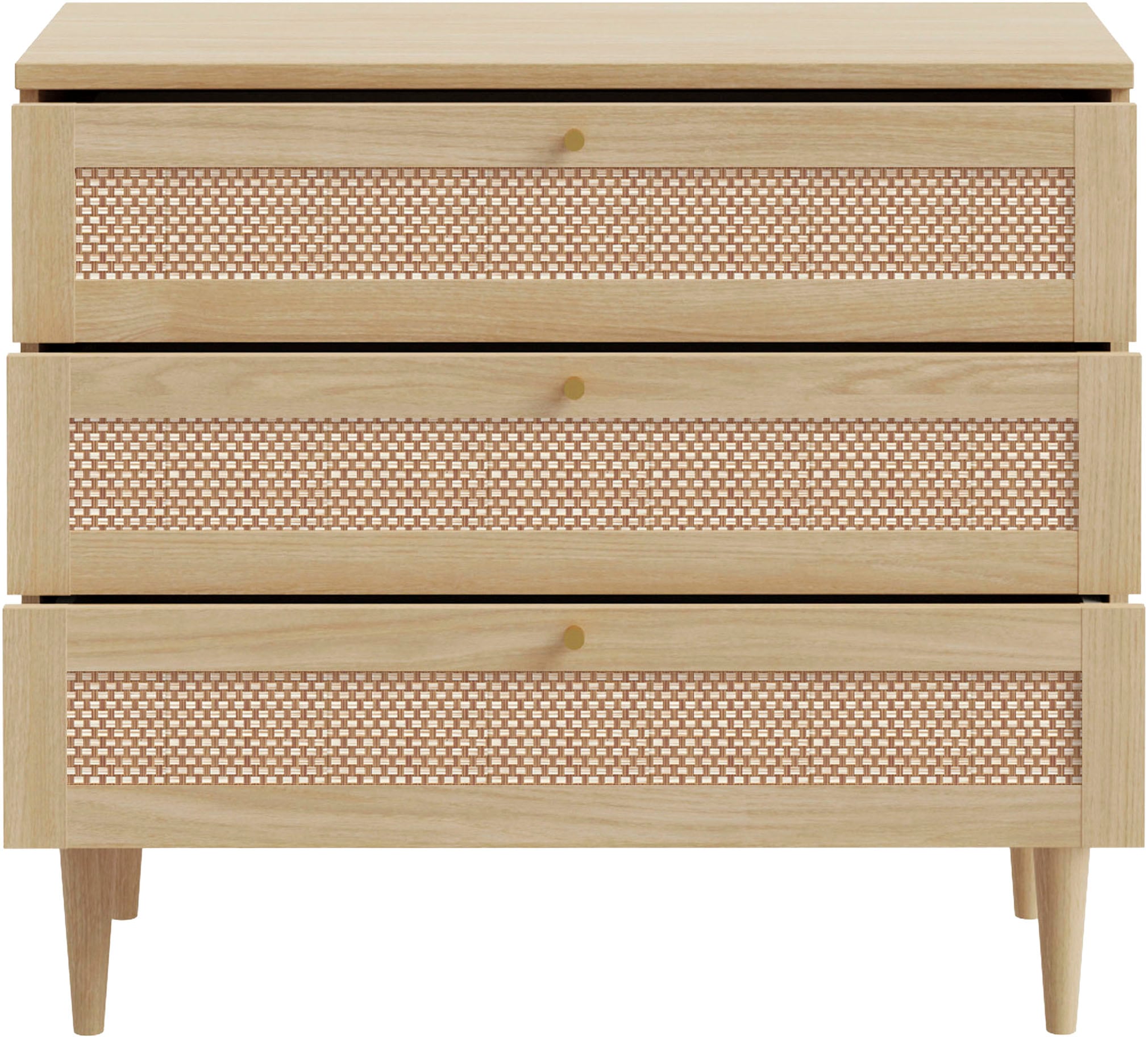 GOODproduct Kommode »ELLIAN mit Geflechtoptik warmes Holzdekor, 3 Schubkästen« Holzfüsse, Metallgriffe, Made in EU, viel Stauraum