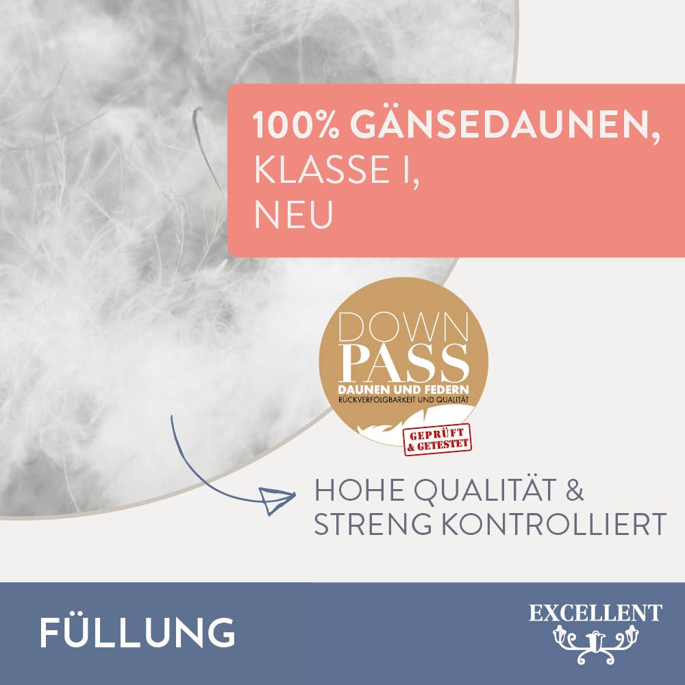 Excellent Gänsedaunenbettdecke »Davos, Bettdecken für Sommer und Winter, Decke«, leicht, Füllung 100% Gänsedaunen, Bezug 100% Baumwolle, (1 St.), Bettdecke 135x200 cm, 155x220cm und weitere Grössen, Made in Germany