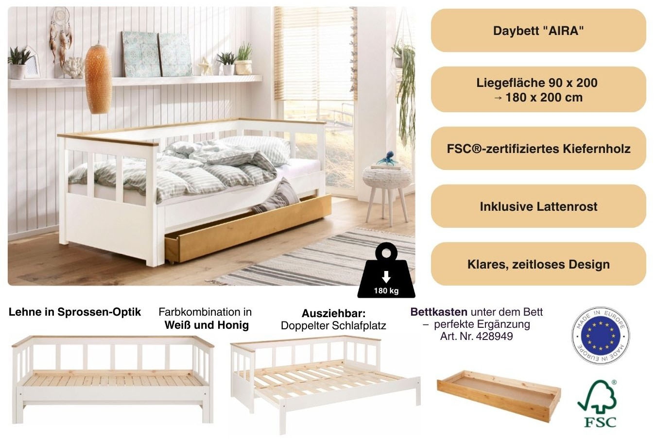 GOODproduct Lit de jour »"AIRA" Kinderbett, Gästebett, Skandi- Design, Schublade optional« FSC® zertifiziertes Massivholz,  mit ausziehbarer Liegefläche, ideal fürs Jugend- oder Gästezimmer