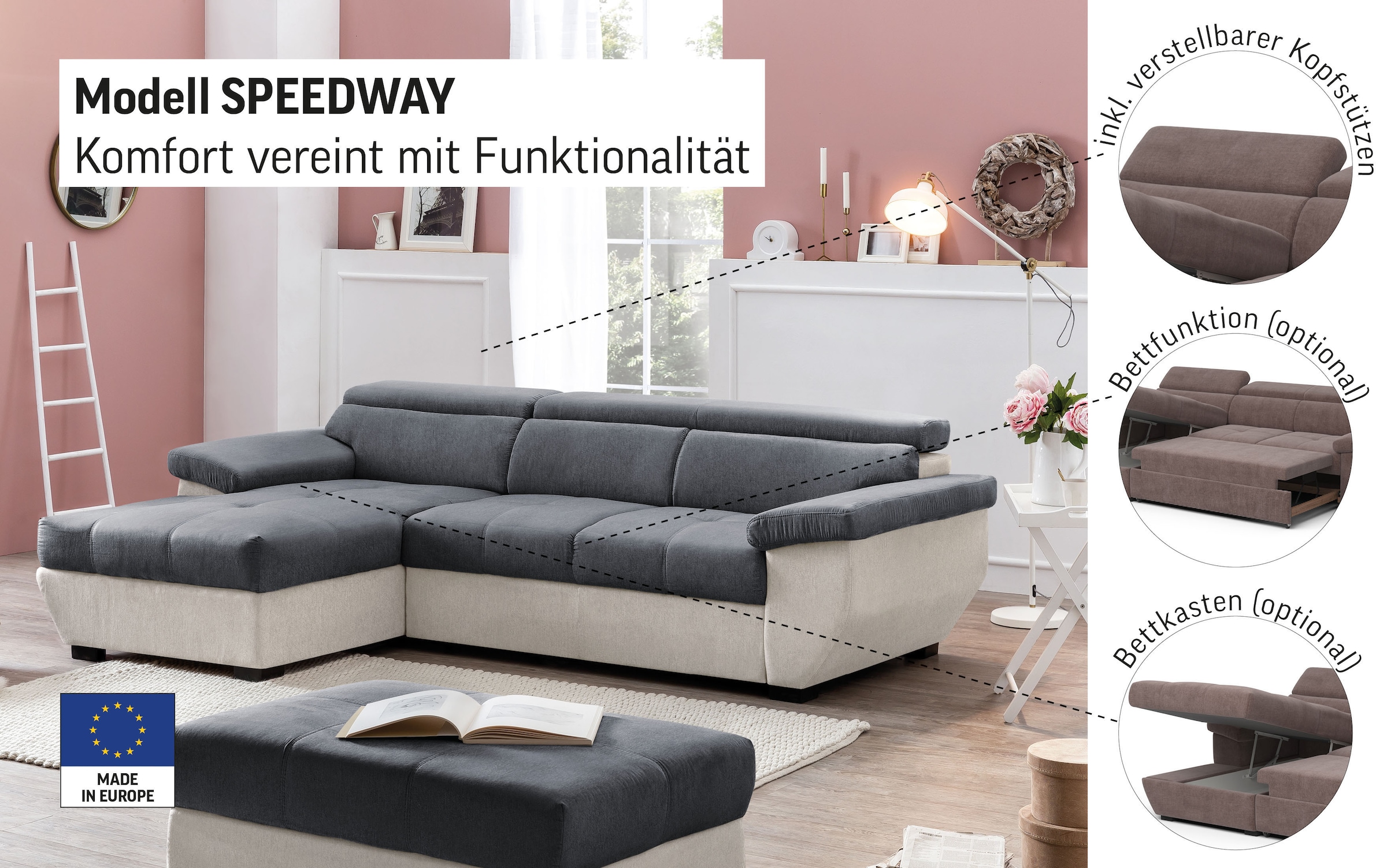 COTTA Canapé d'angle »Speedway L-Form« mit Kopfteilverstellung, wahlweise mit Bettfunktion & Bettkasten