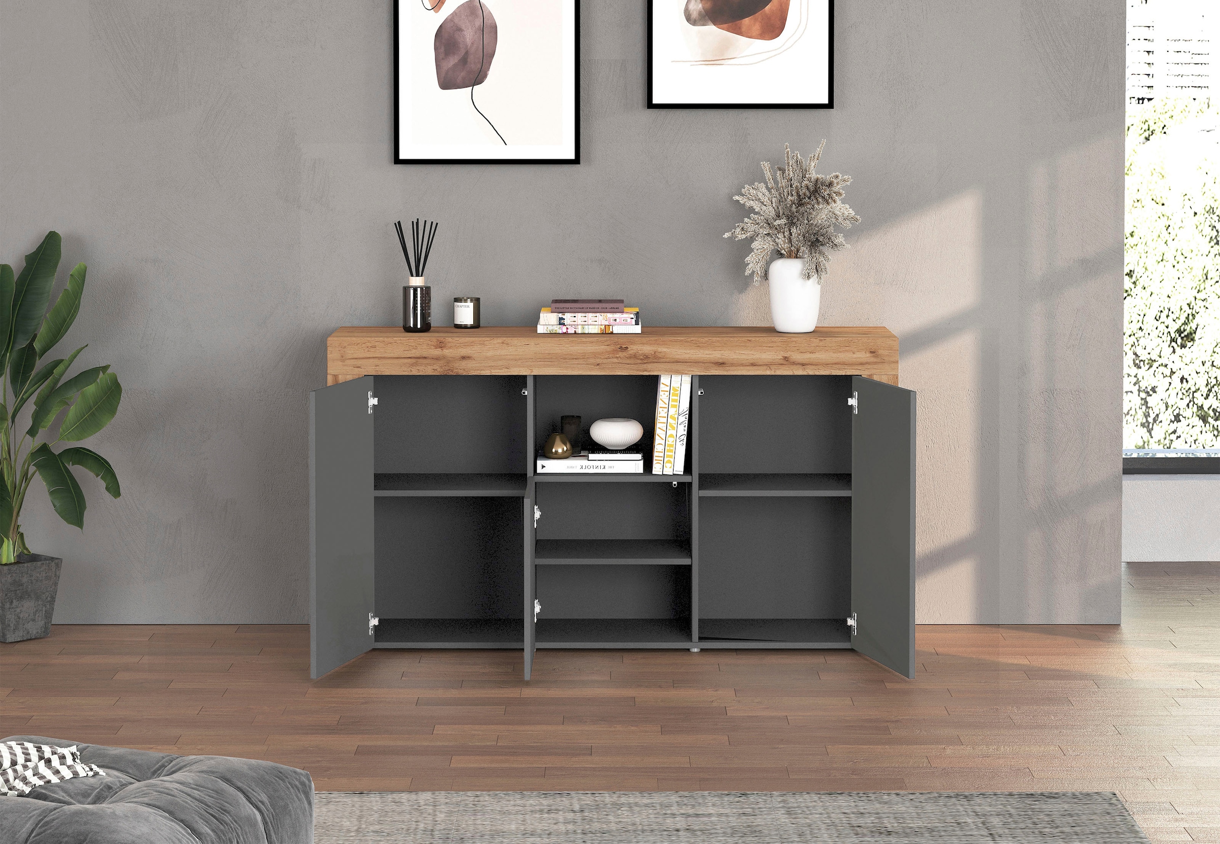 INOSIGN Sideboard »CHRONOS Breite 155 cm mit 3 Türen, 1 offenes und 6 geschlossene Fächer«, (1 St.), Sideboard,Kommode, Schrank, Grifflos mit Push to Open, Made in Italy