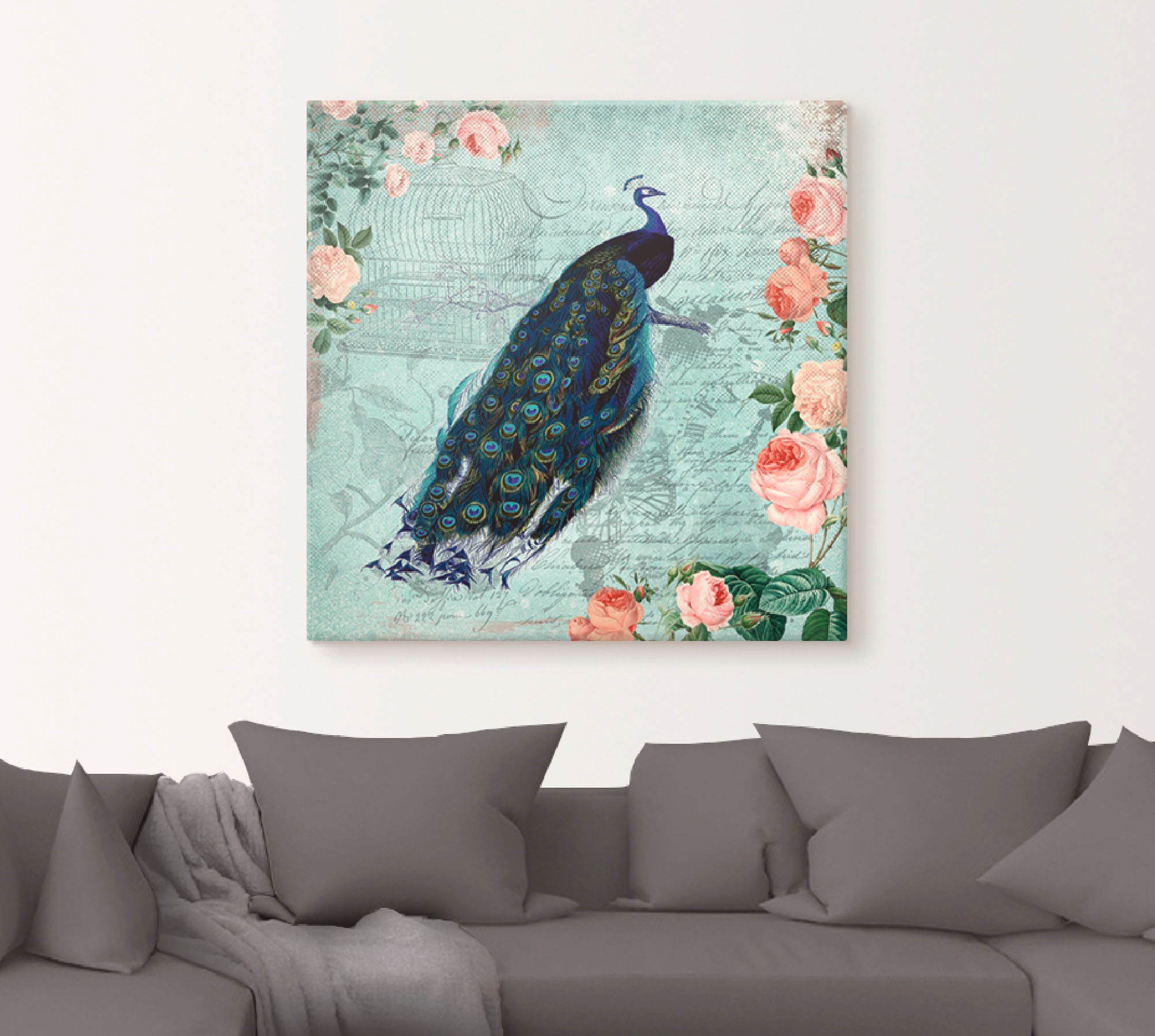 Artland Leinwandbild »Vintage Rosen und Pfau Illustration« Vögel 1 Stk. tlg. auf Holzrahmen gespannt