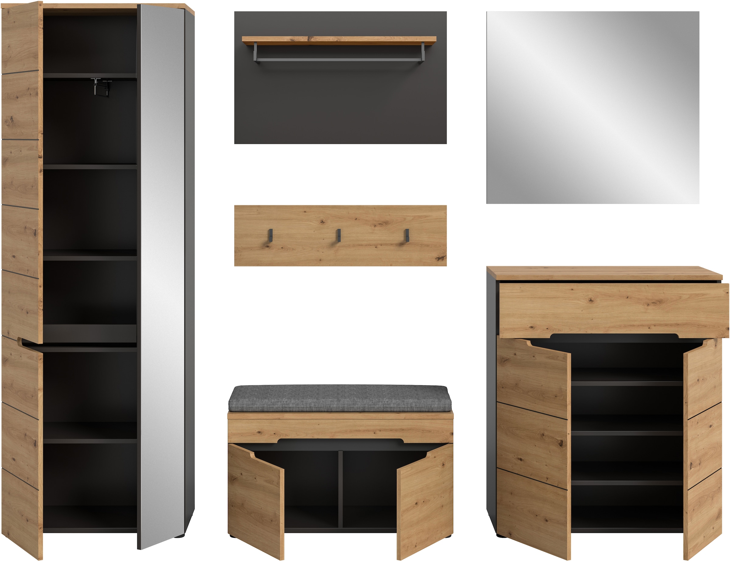 Home affaire Garderoben-Set »REHAT, TOPSELLER!, 6-teilig, Breite 255 cm, individuell erweiterbar« Set, Schrank, Sitzbank, Sitzkissen, Paneel, Hakenleiste, Spiegel, Kommode, 6 Stk. tlg.