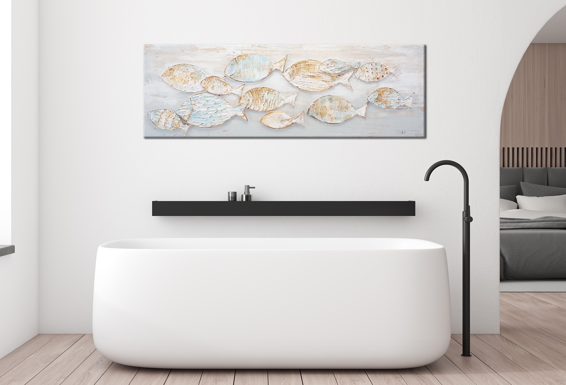 Bönninghoff Ölgemälde »handarbeit FISCHE 40x120 cm – Wandbild Kunst Deko modern« Fisch | Fisch & Meeresfrüchte | Meer 1 Stk. tlg. handgefertigt, jedes Bild ein Unikat