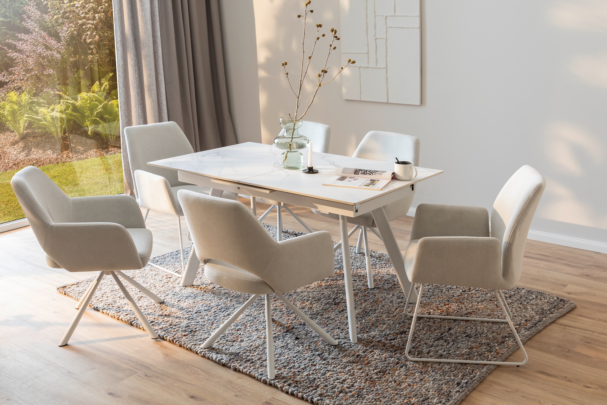 MCA furniture Esstisch »PARENZO Auzugtisch 140-180 cm weiss marmoriert - bis 8 Personen«, (1 St.), Keramik, Metall weiss, Synchronauszug, ausziehbar, 6-8 Personen