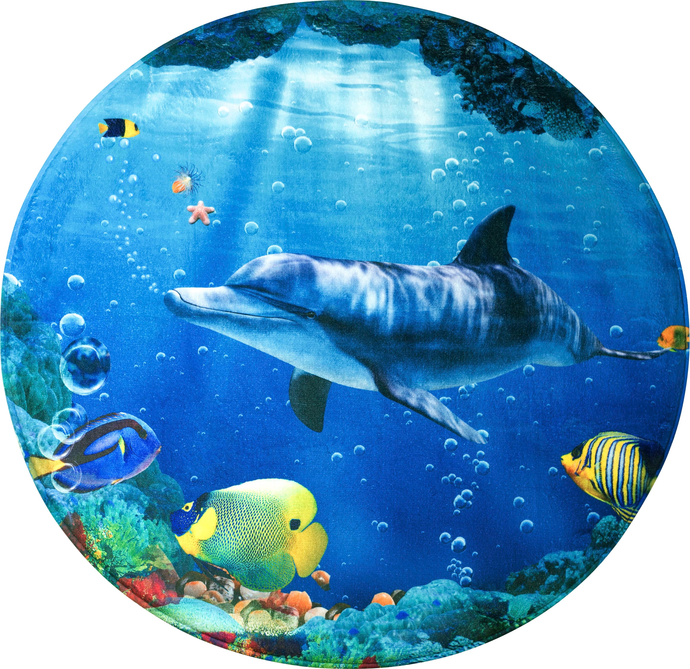 Sanilo Schaum-Badematte »Delphin Korallen«, Höhe 15 mm, Memory Schaum-rutschhemmend beschichtet, fussbodenheizungsgeeignet-schnell trocknend-strapazierfähig, super weich, kräftige Farben, rutschhemmend, waschbar, Ø80cm