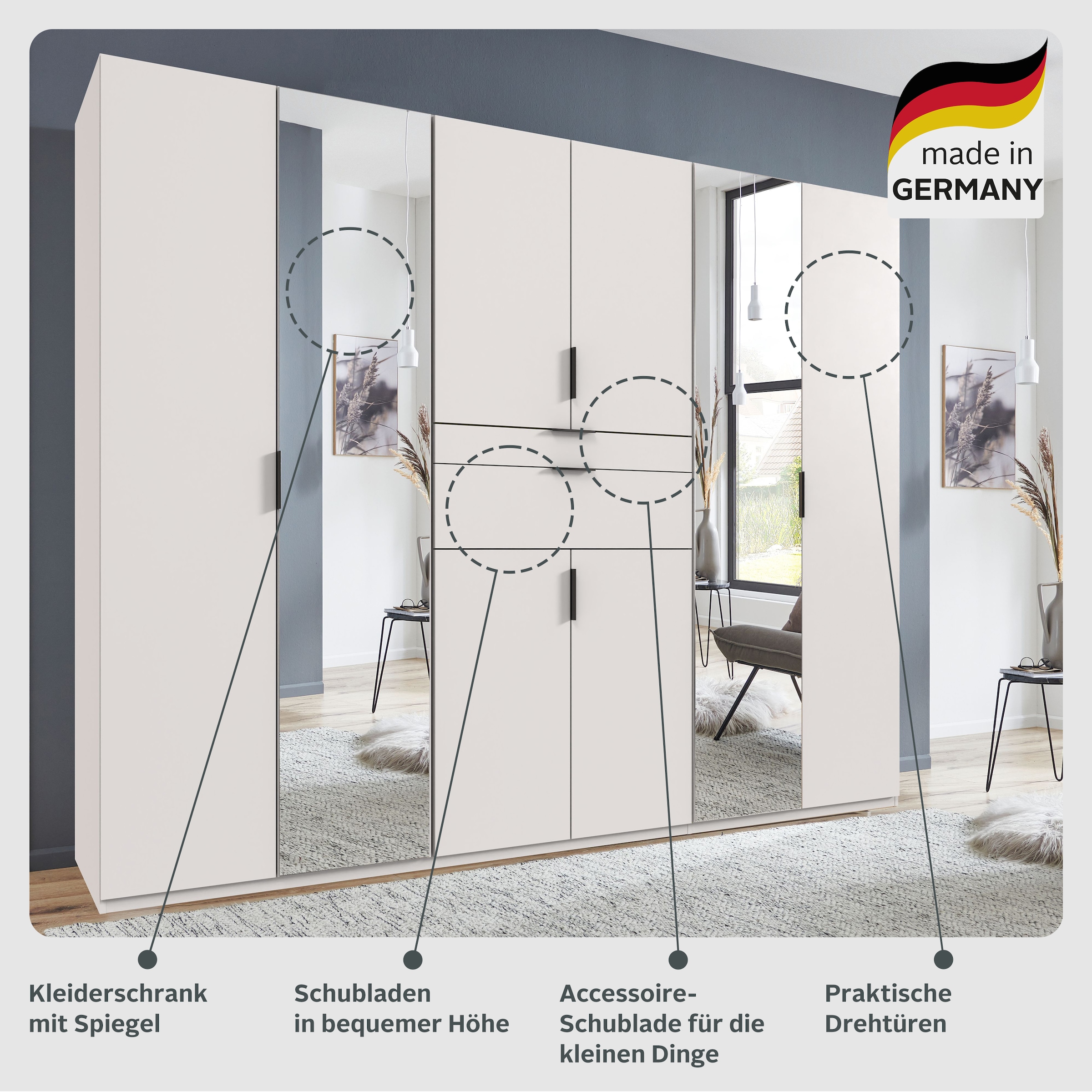 Wimex Drehtürenschrank »Moldau. Lieferung bis in Deine Etage«, Kleiderschrank mit Spiegel, 2 Schubladen in 2 Breiten schwarze Griffe