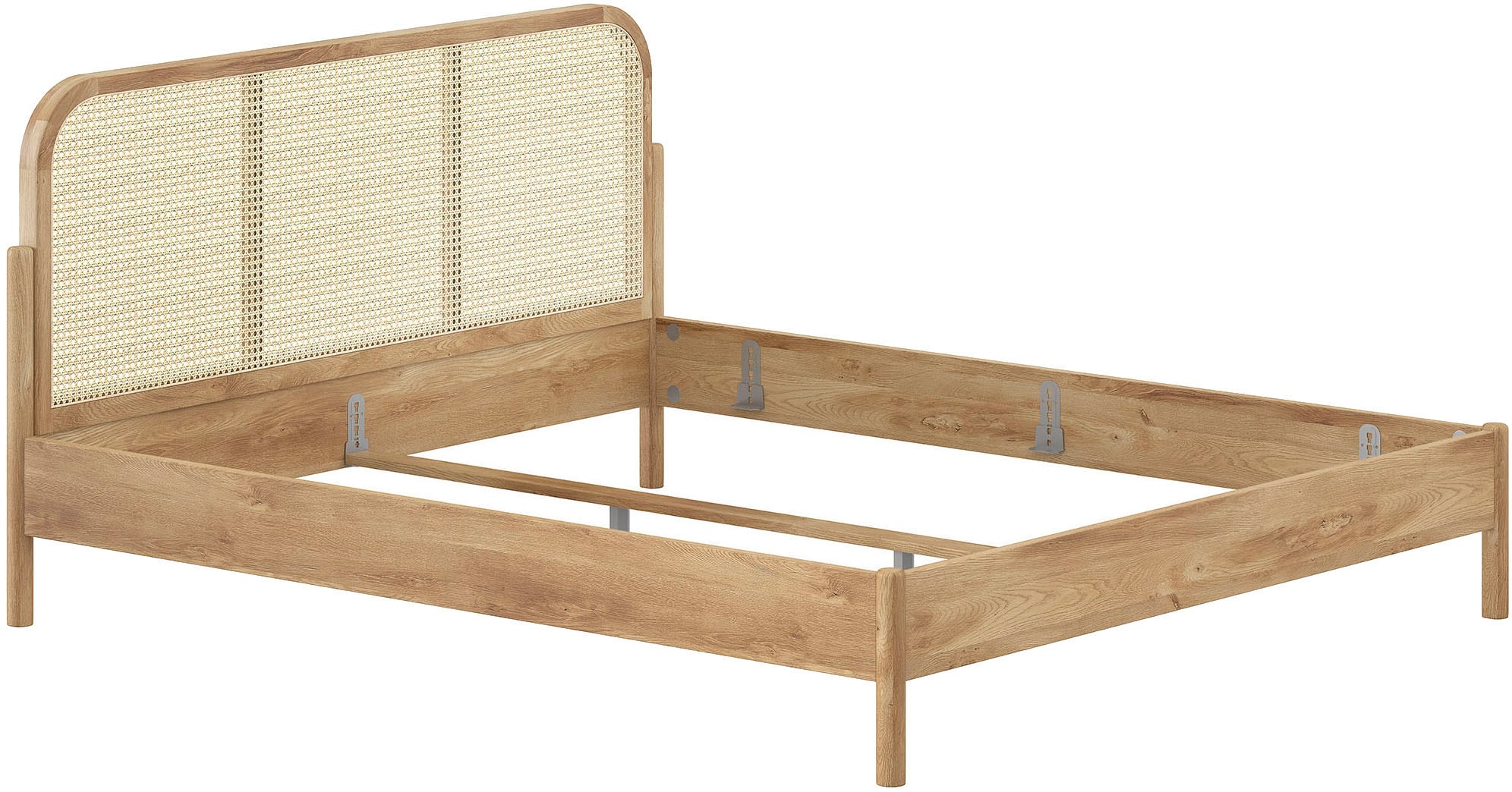 Vipack Sommier »Olive, Bettpfosten Eiche massiv und furnierten Bettseiten« avec tête de lit en rotin tressé de qualité, cadre chêne massif,  sans sommier, avec cadre réglable en hauteur, deux largeurs