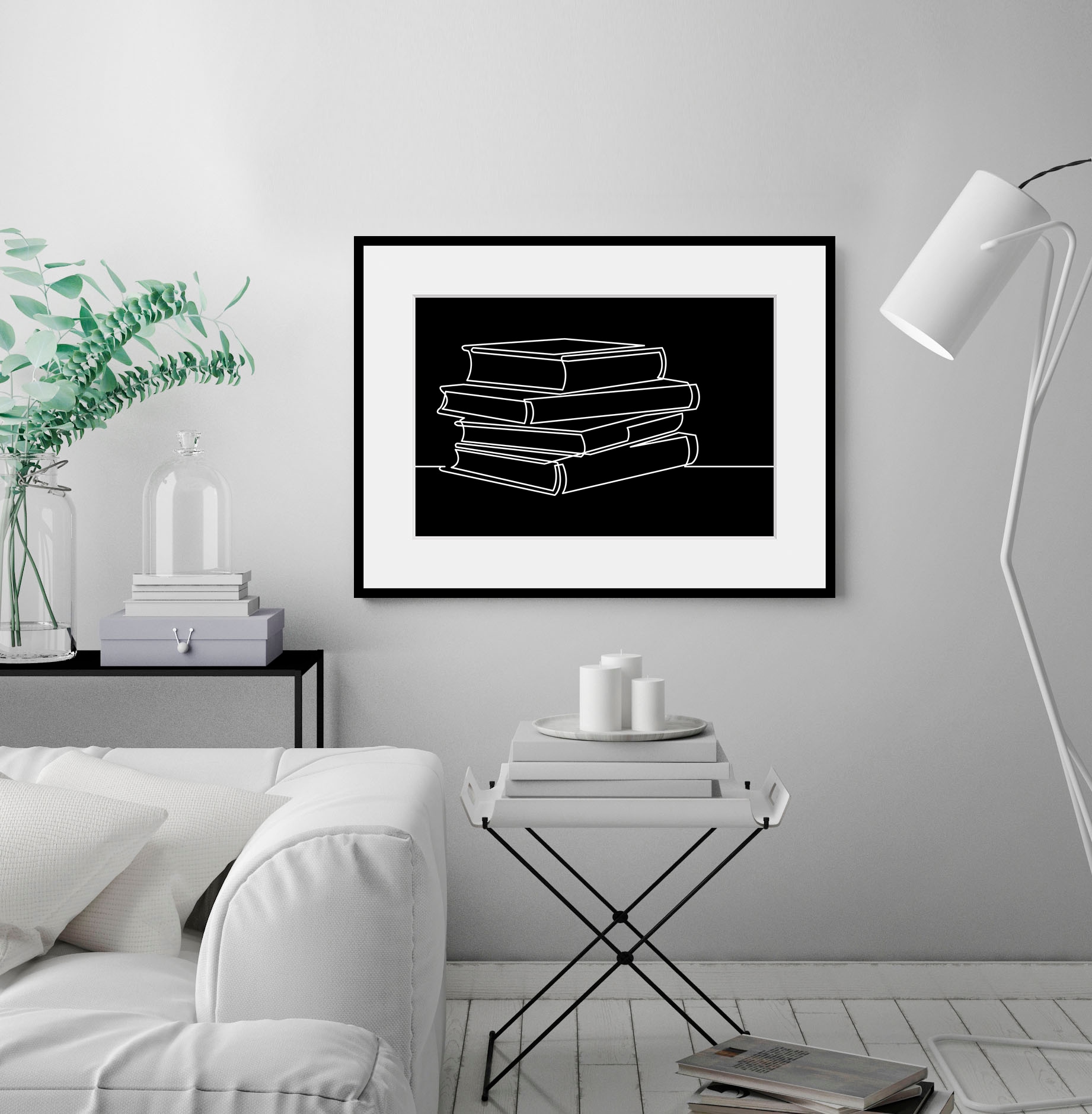 Image of queence Bild "Paige" Blätter Bücher Kunst Modern Schwarz-Weiss 1 Stk. tlg. HD Premium Poster-Druck inkl. Holzrahmen