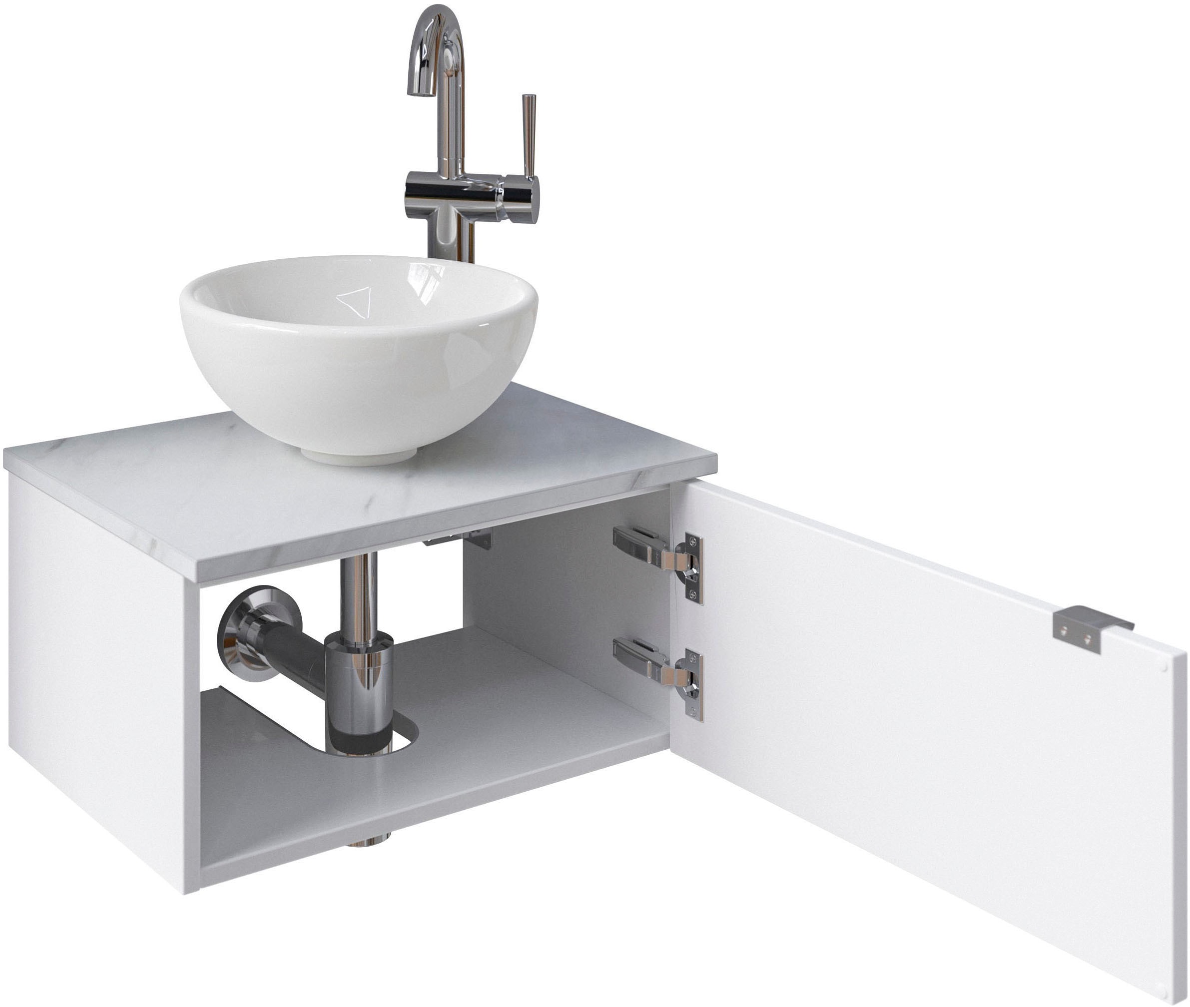 Saphir Waschtisch »Serie 6915 Waschschale mit Unterschrank für Gästebad, Gäste WC« Keramik-Aufsatzbecken, Waschtischplatte, Waschtischunterschrank, 3 Stk. tlg. 51 cm breit, 1 Tür, Waschtischplatte, kleine Bäder, ohne Armatur