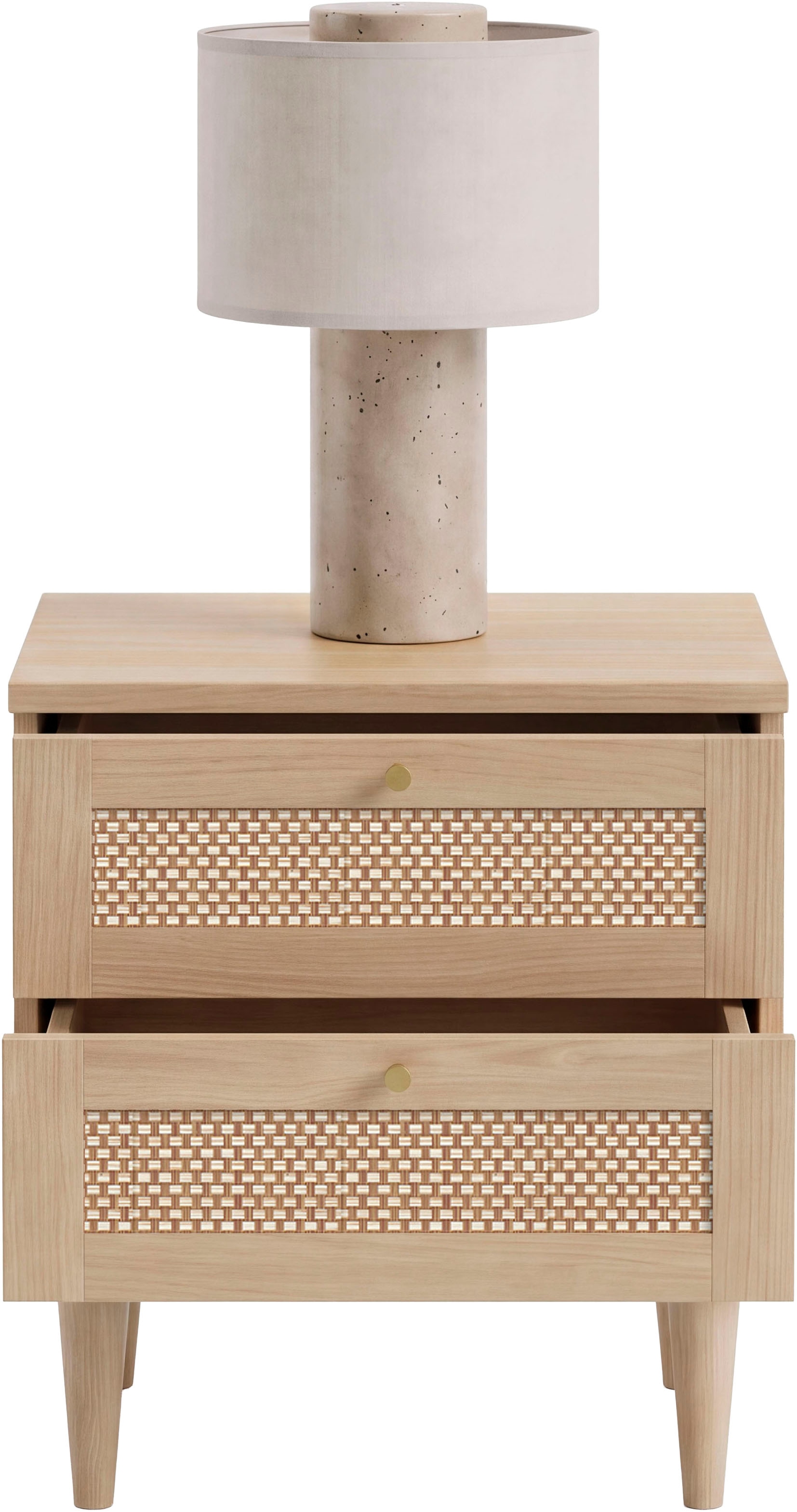 GOODproduct Nachtkommode »ELLIAN mit natürlicher Geflechtoptik, 2 Schubladen« Holzfüsse, Metallgriffe, Made in EU, viel Stauraum
