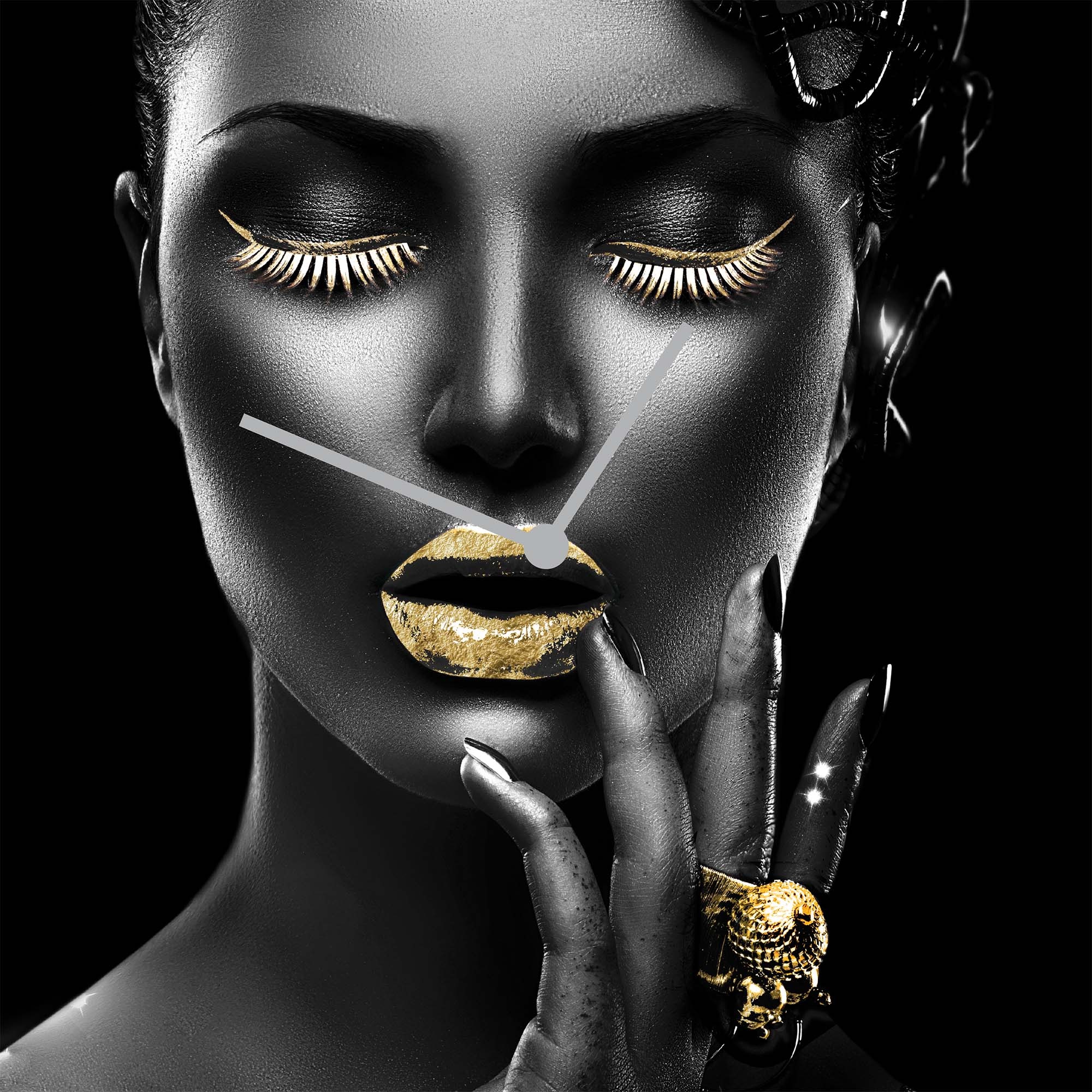 GOODproduct Wanduhr »Gesicht, Blattgold Applikationen« Uhr, geräuschlos, gold, Blattgold, handarbeit, Frau, Gesicht, Lippen