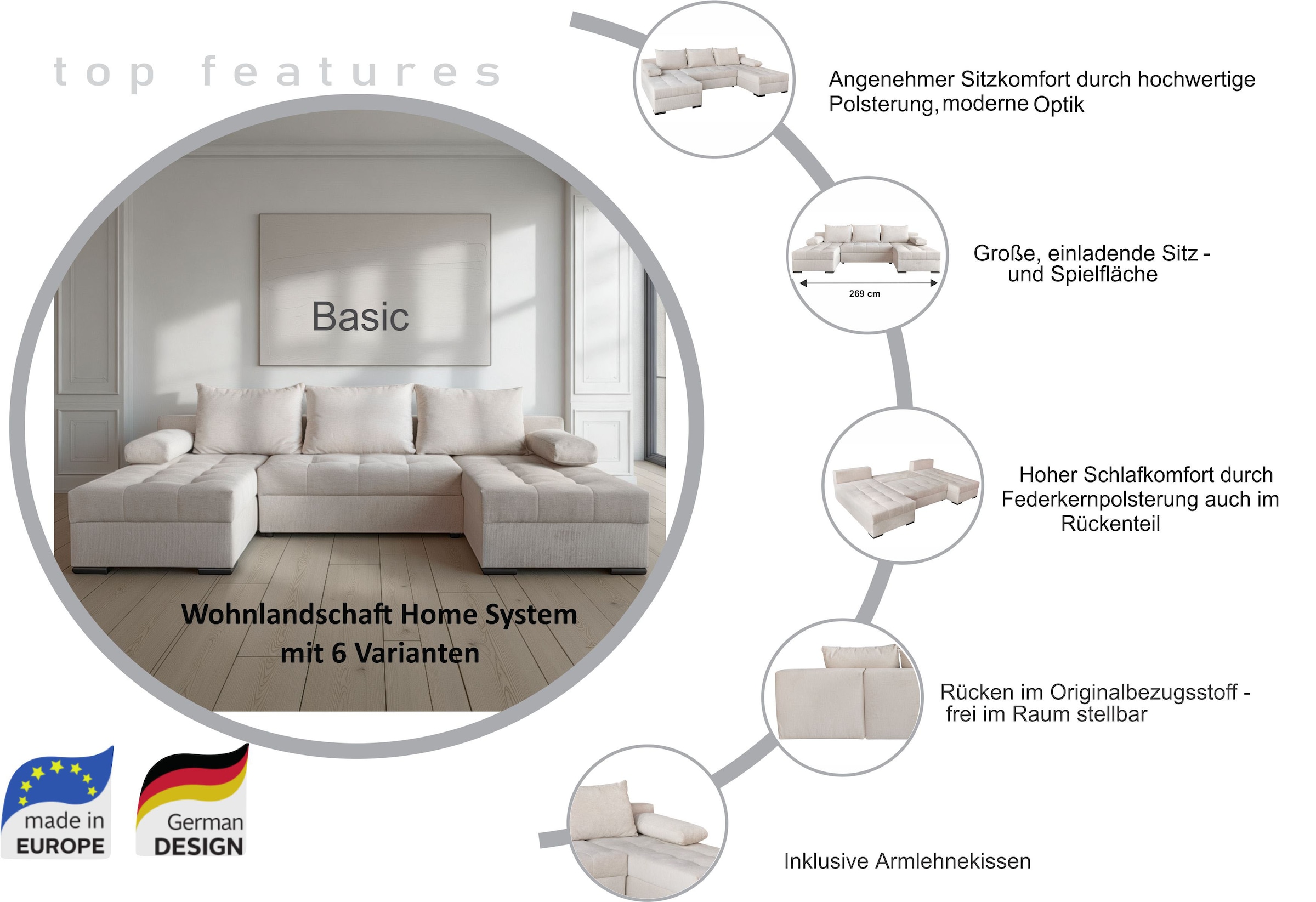 GOODproduct Paysage de salon »Home System U-Form, von B: 269-352 cm wählbar, 6 Varianten zur Auswahl« mit Bettfunktion, Bettkasten & Zierkissen, Federkern