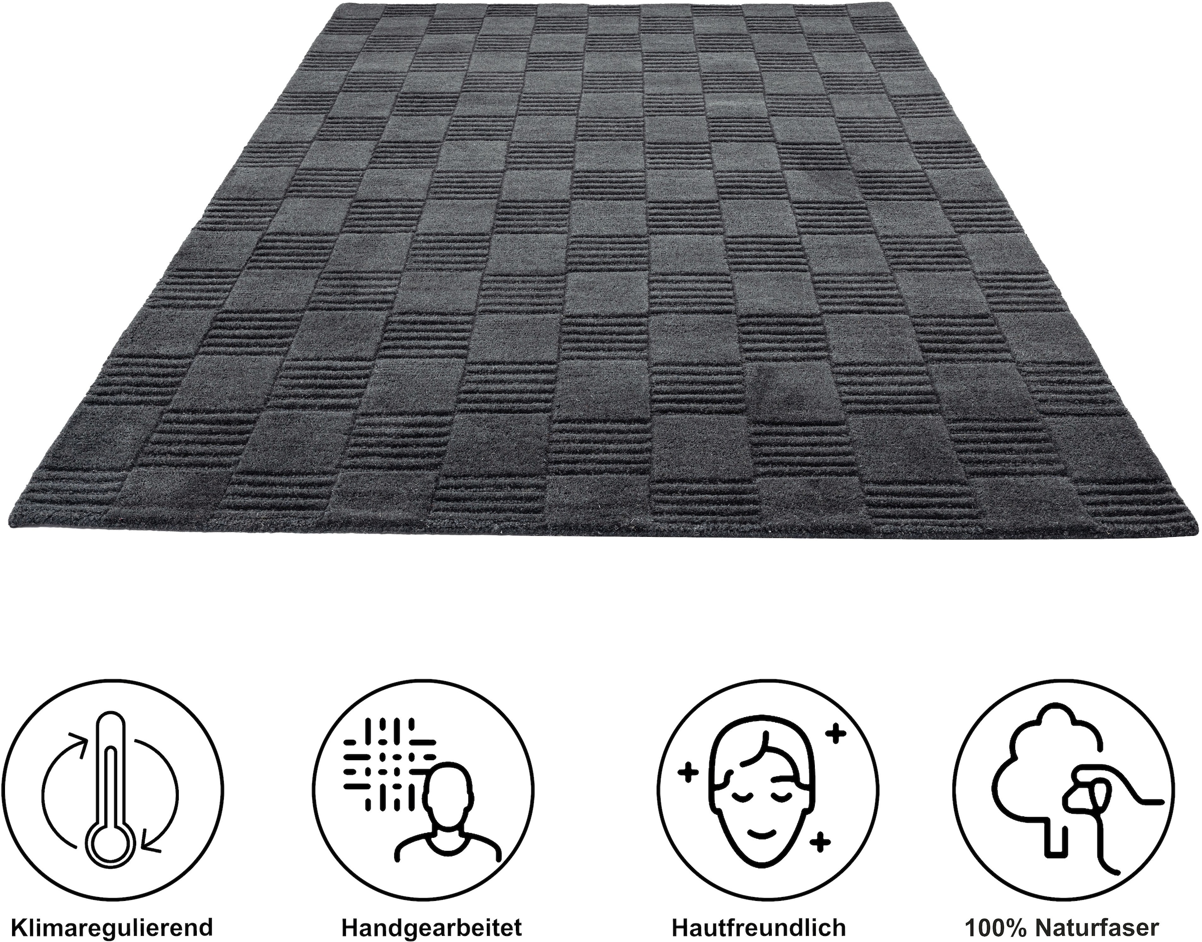 my home Wollteppich »Motala, Handgefertigt, Wolle, Hoch-Tief-Effekt,« rechteckig 14 mm Höhe einfarbig, 3D-Design, Wohnzimmer, Schlafzimmer, Esszimmer