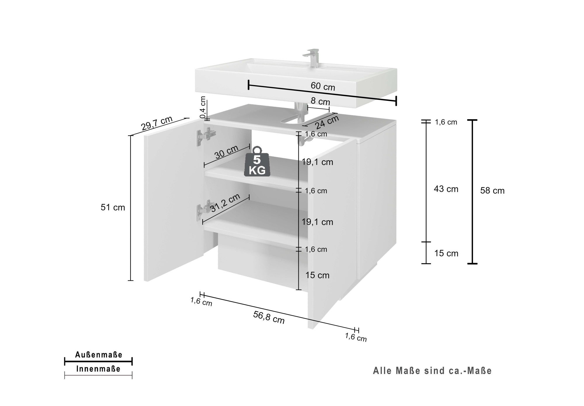 welltime Armoire sous lavabo »Vela,Breite 60cm, 2 Türen, 2 Fächer, mit Siphonausschnitt« 1 cuis tlg. meuble sous-lavabo, plan vasque, design avec portes inclinées