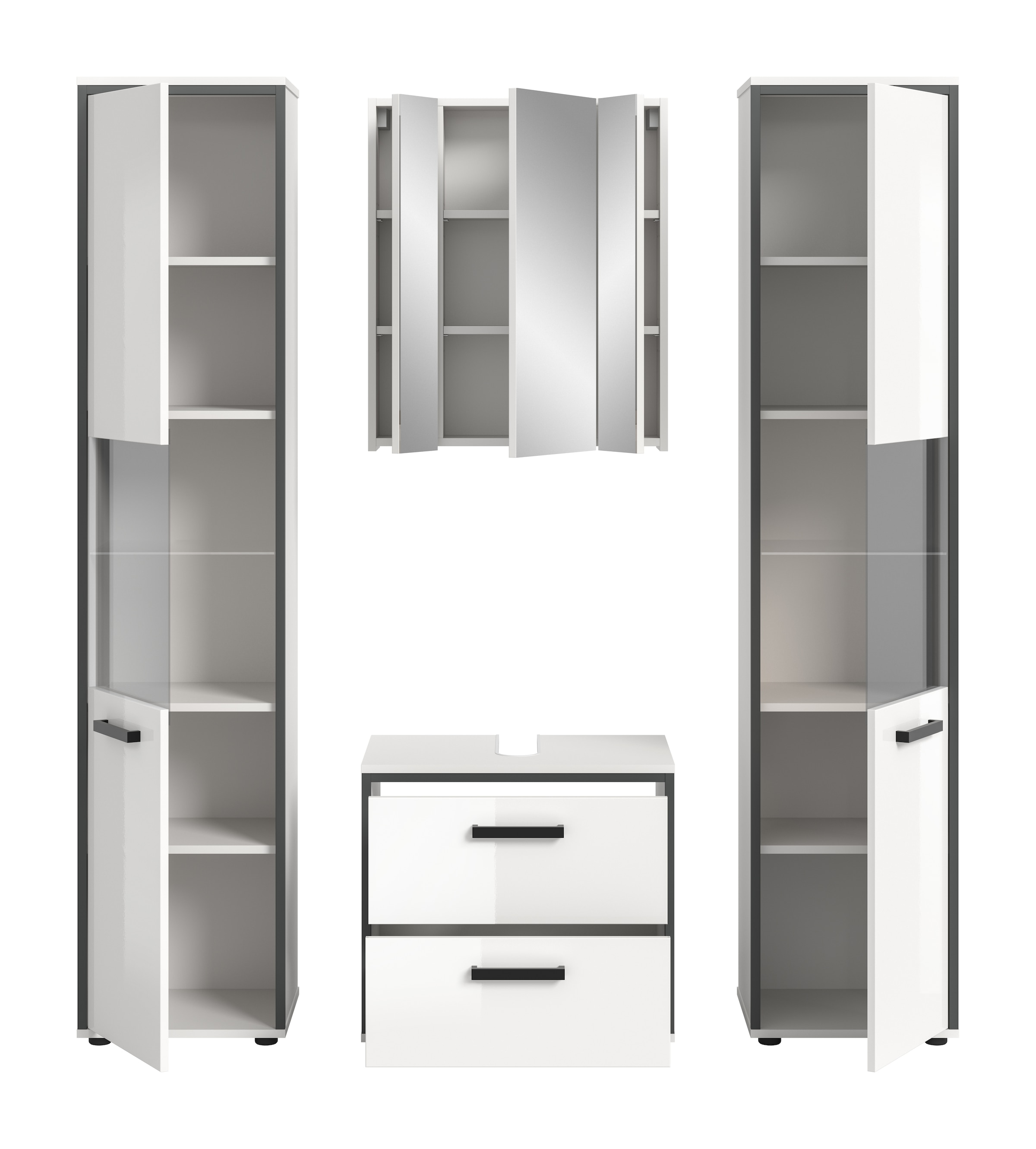 welltime Ensemble de meubles de salle de bain »KAJO, 4-tlg. Badkombination, weiss hochglanz« Set, Set, best. aus:2Hochschränken, 1 WBU, 1 Spiegelschrank, 4 cuis tlg.