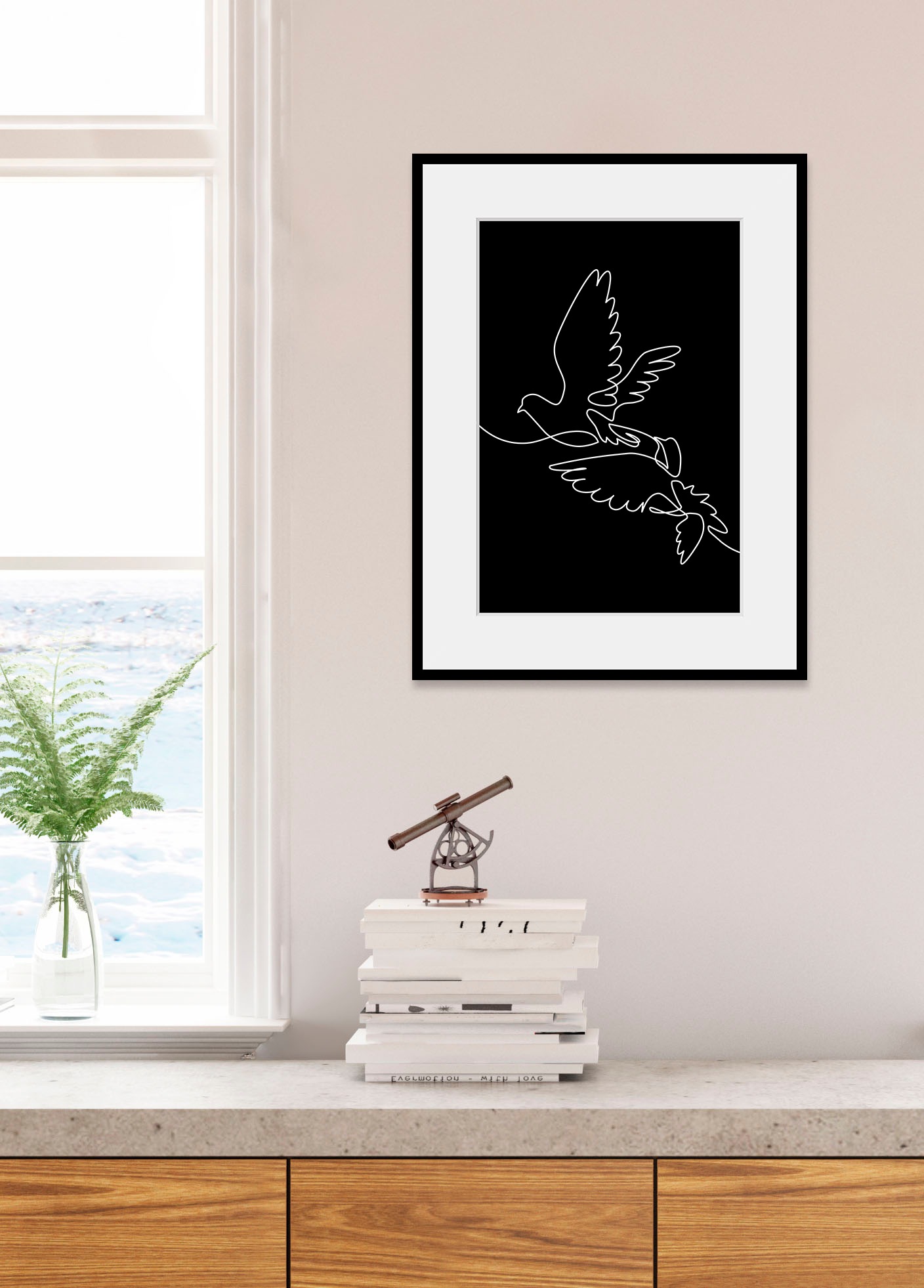 Image of queence Bild "FREEDOM" Kunst Schwarz-Weiss Vogelbilder Vögel 1 Stk. tlg. HD Premium Poster-Druck inkl. Holzrahmen