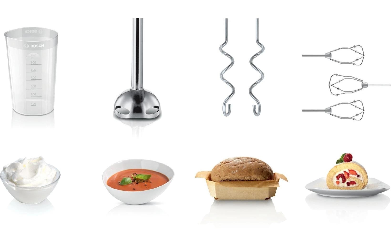 BOSCH Mixeur à main »Styline MFQ4075DE, 2x Rührbesen, Knethaken Edelst., Mixfuss, weiss« 550 W 5 Stufen, Turbotaste, Mixbecher, Made in Europe