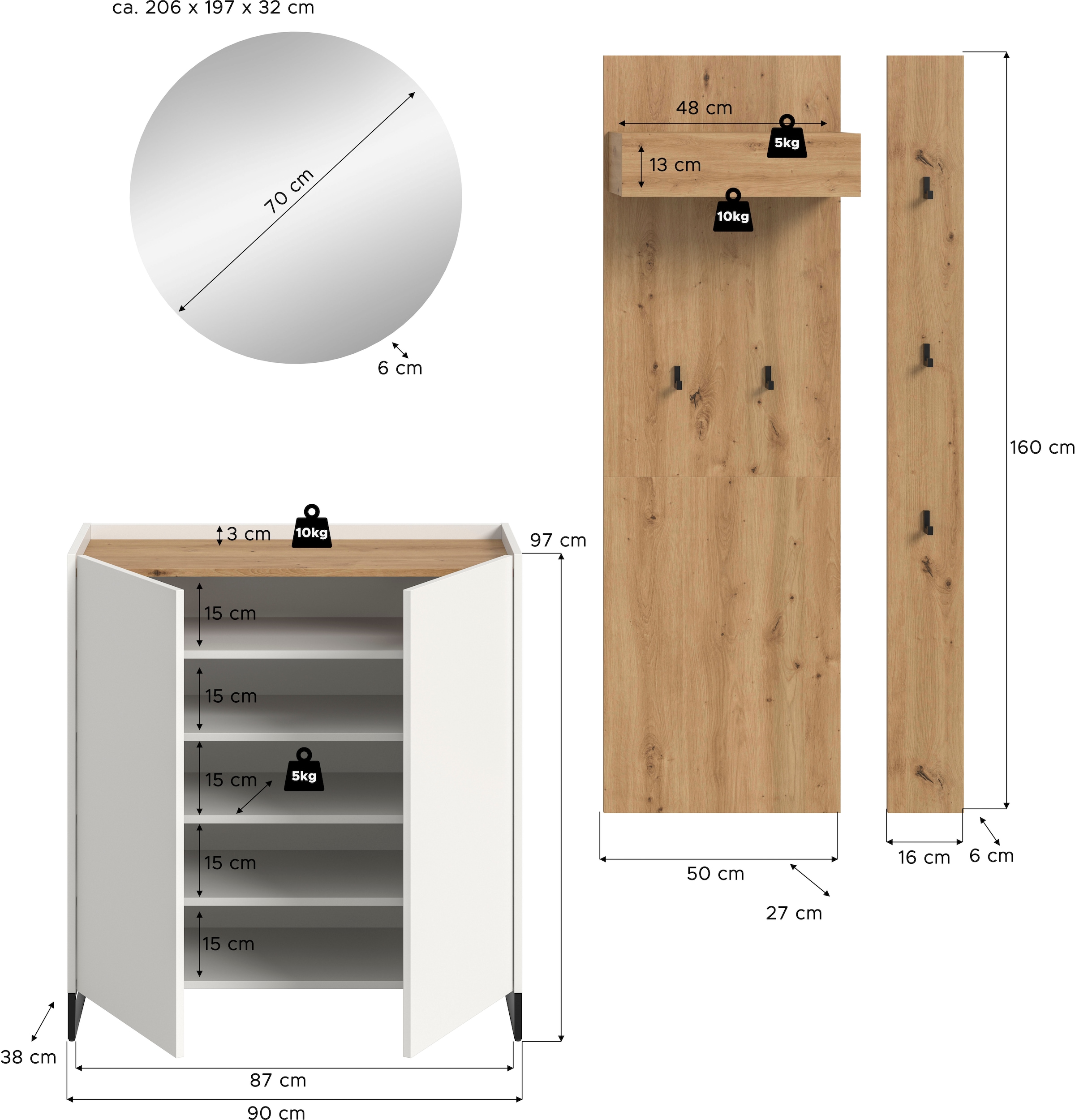 Home affaire Garderoben-Set »EVRID, 4-teilig, Breite 206 cm, individuell stellbar & erweiterbar« best. aus: Kommode, Spiegel, Garderobenpaneel & Hakenleiste, 4 Stk. tlg.