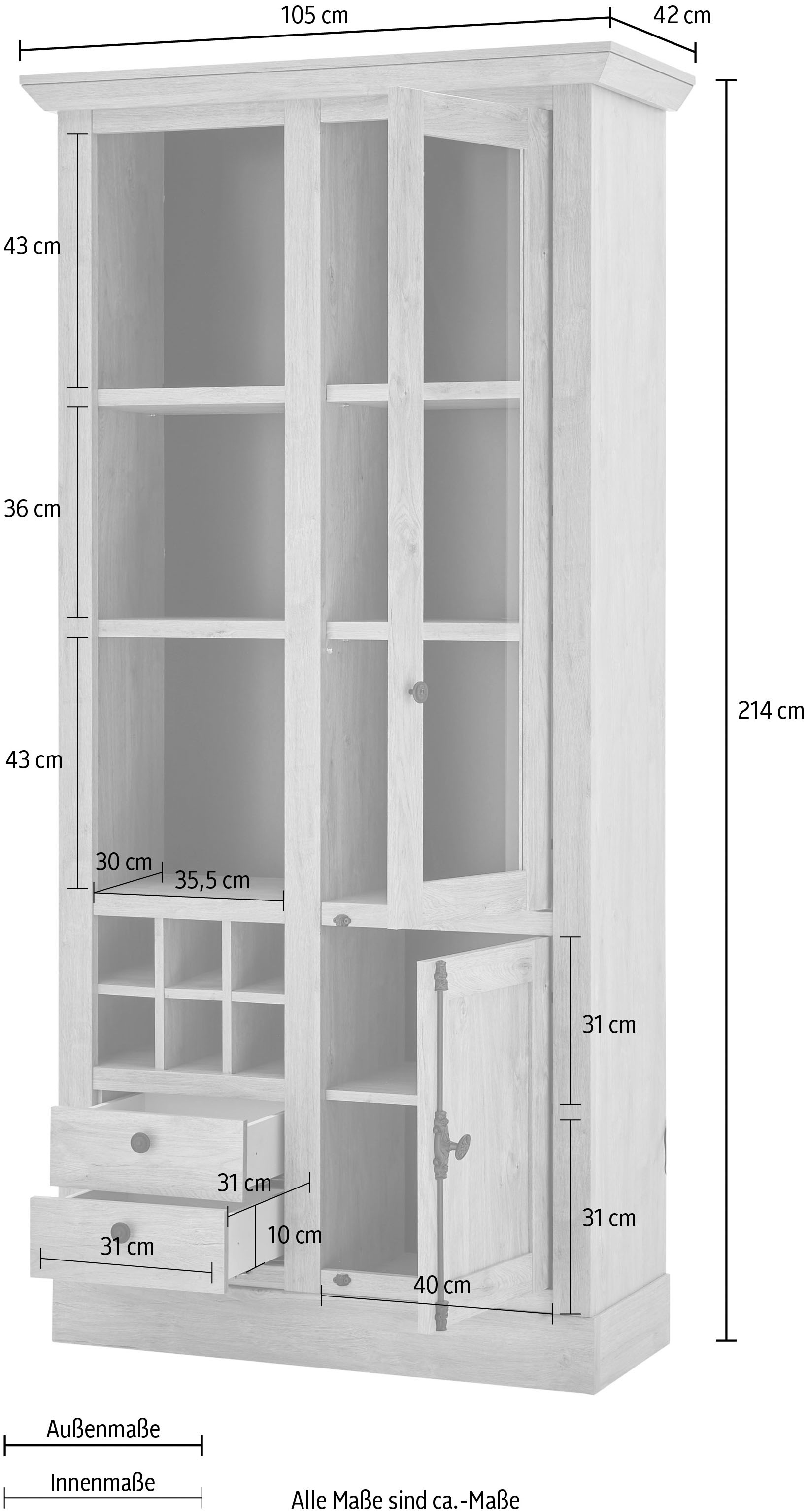 Home affaire Vitrine »Cornwall, Hochschrank im Landhausstil, Glasvitrine, Eiche Dekor«, (1 St.), Metallgriffe, 105 cm breit, viel Stauraum, in zwei Grössen verfügbar
