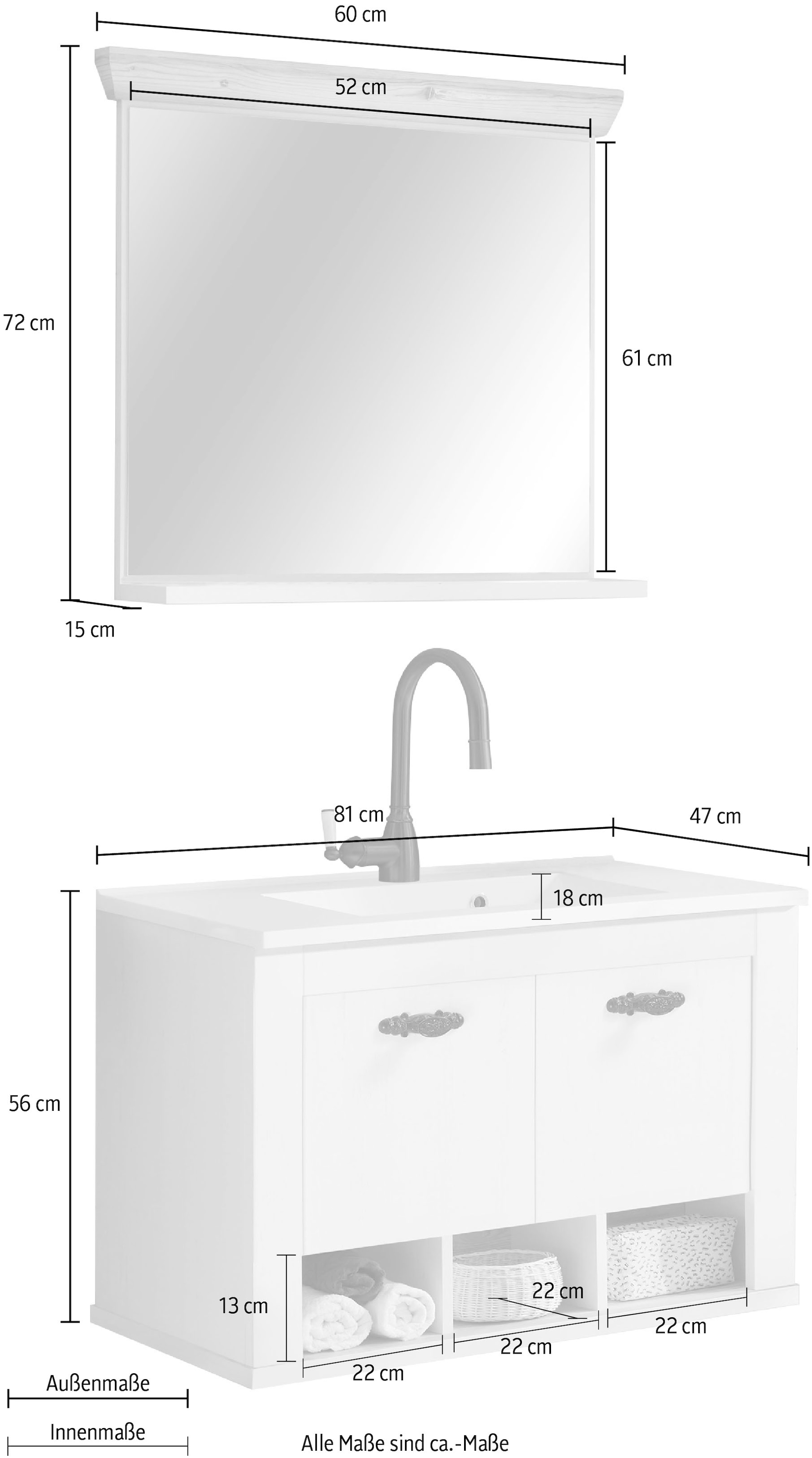 Home affaire Badmöbel-Set »Florenz, Bad im Landhausstil, 2-teiliges Badezimmer«, (2 St.), Hänge-Waschtisch und Spiegel mit Ablage, in Pinie Weiss, Stauraum