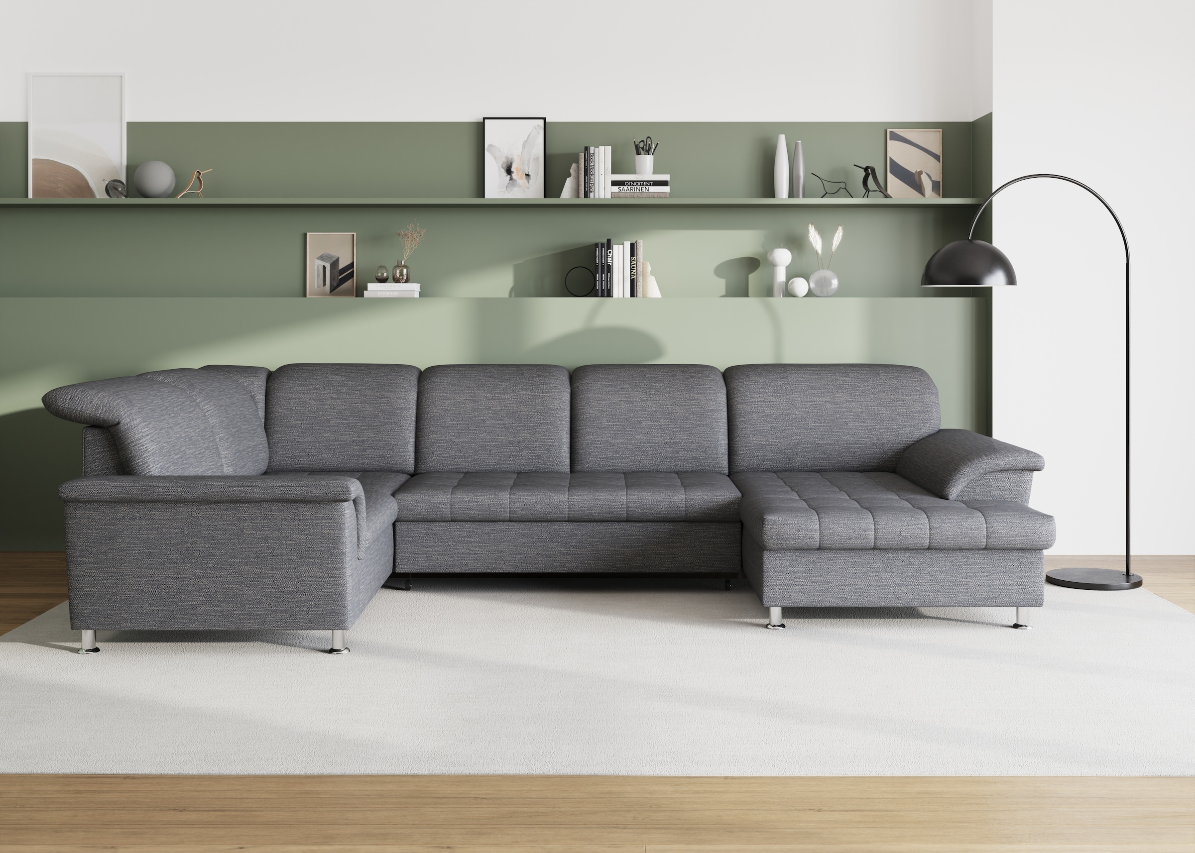 Image of DOMO collection Wohnlandschaft "FRANZI optional mit Bettfunktion, Bettkasten & Kopfteilverstellung" U-Form, Recamiere rechts, weiss-grau, B/T: 352/214 cm