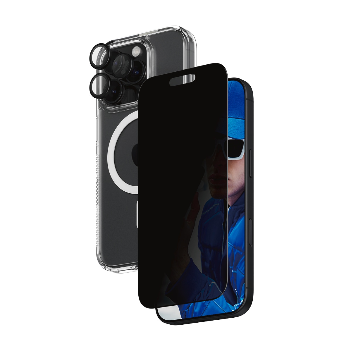 PanzerGlass Displayschutzglas »3-in-1 Privacy Protection, Glass, Hoops, Case«, für Apple iPhone 16 Pro, Displayschutzfolie, Schutzfolie, Bildschirmschutz, kratz- & stossfest