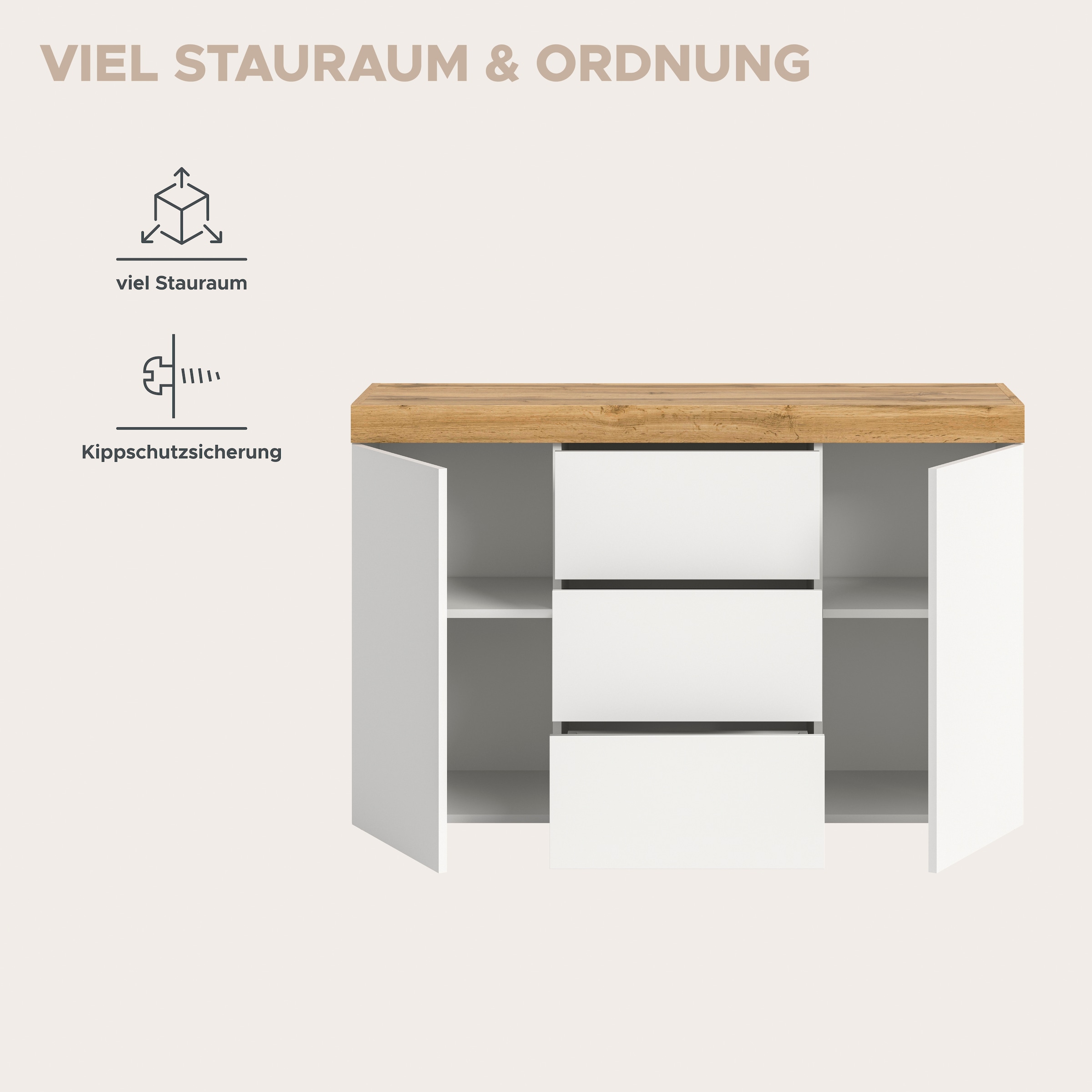 GOODproduct Buffet »MAMBO, Breite 125cm, 2 Türen, 3 Schubkästen, push-2-open« 2 farbige Ausführung, in verschiedenen Farben erhältlich, 1 cuis tlg. Sideboard, Kommode, Wohnzimmer, Flur, Arbeitszimmer
