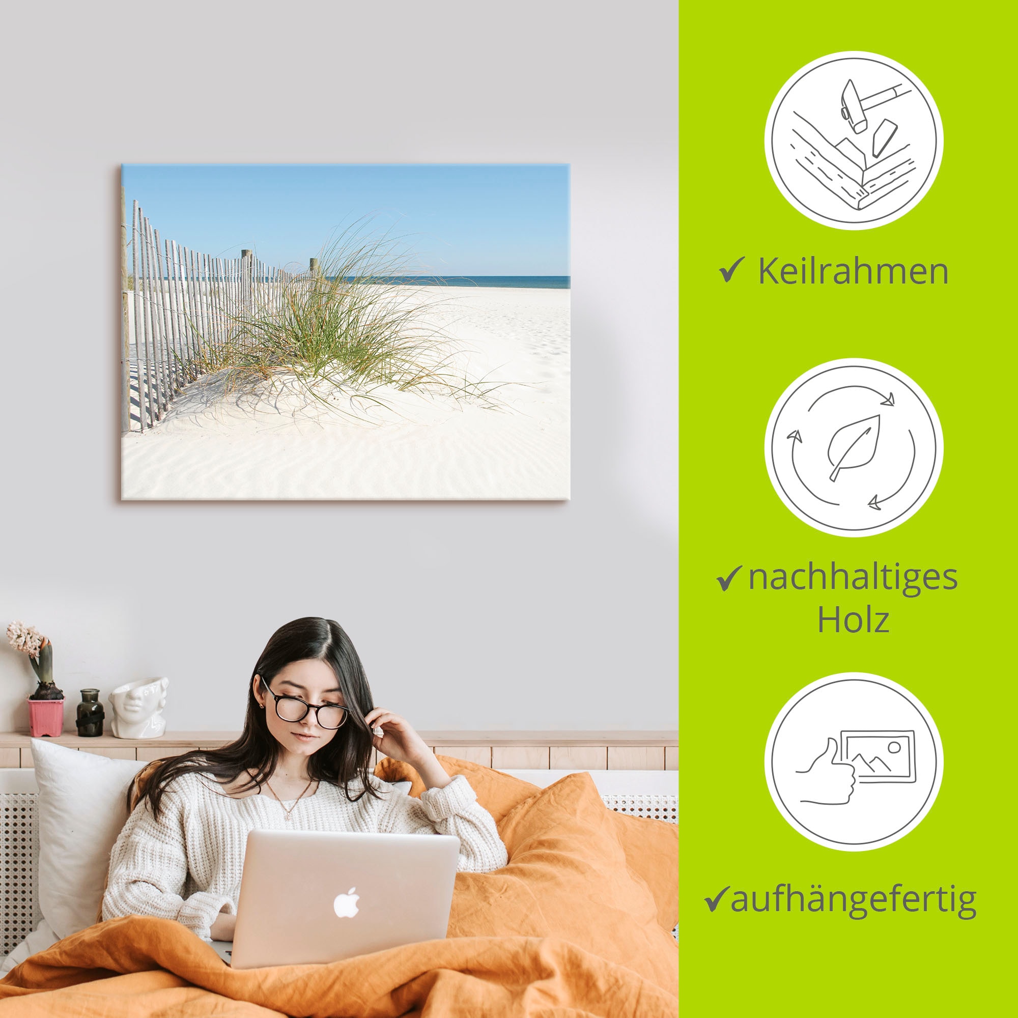 Artland Tableau sur toile »Schöne Sanddüne mit Gräsern und Zaun« 1 cuis tlg. auf Holzrahmen gespannt