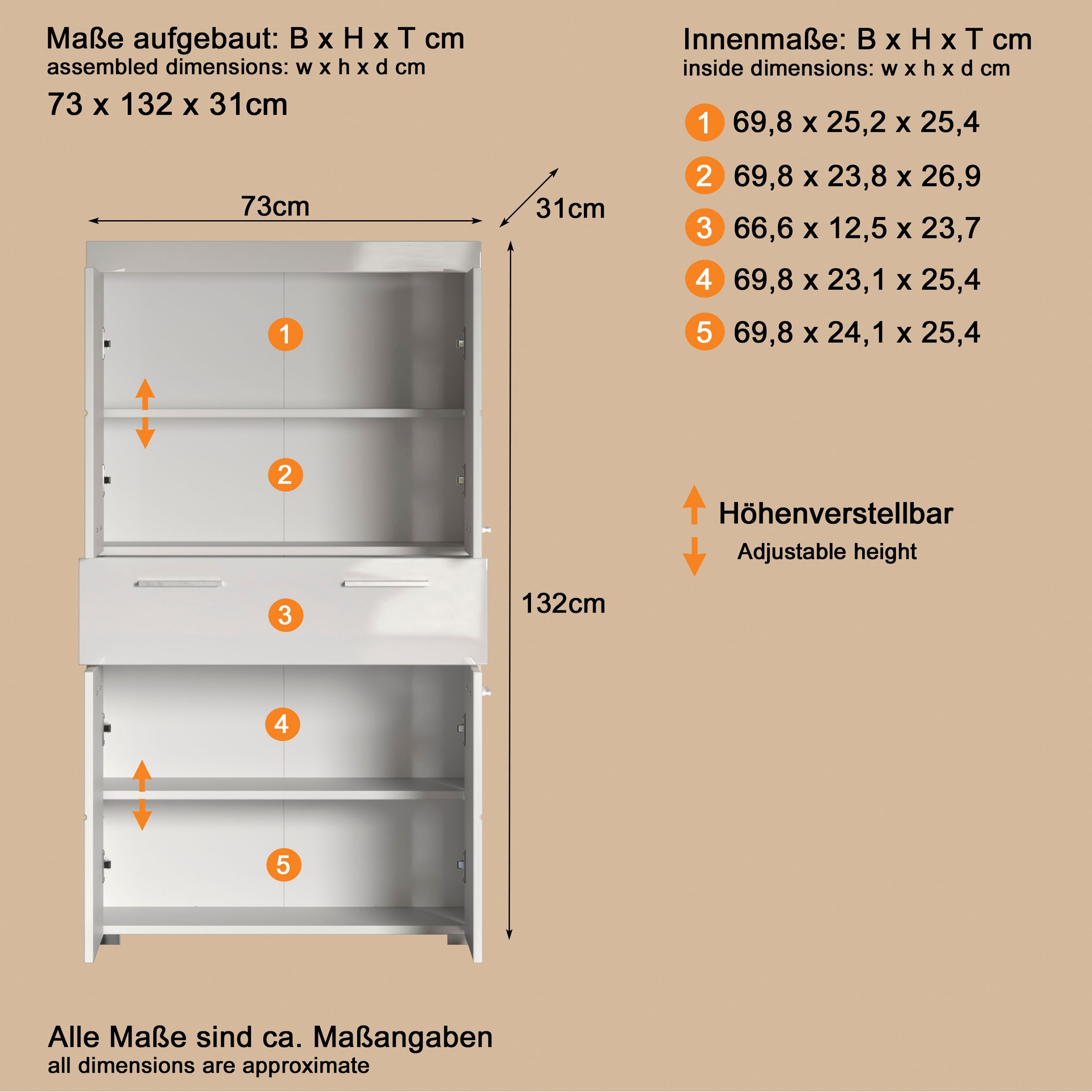 welltime Midischrank »Avena« Standschrank mit 4 Türen, 1 Schublade - (B/T/H) 73/31/130 cm