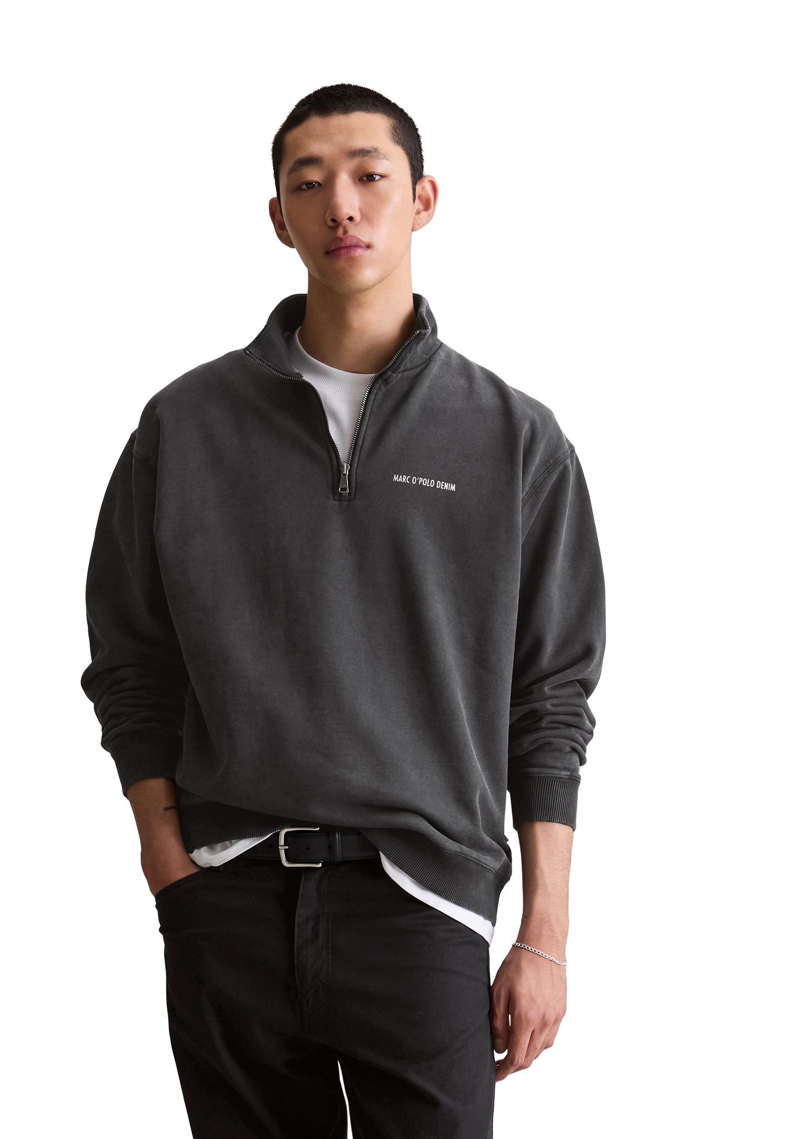 Image of Marc OPolo DENIM Sweatshirt, Troyerkragen, relaxed fit, Logoprint