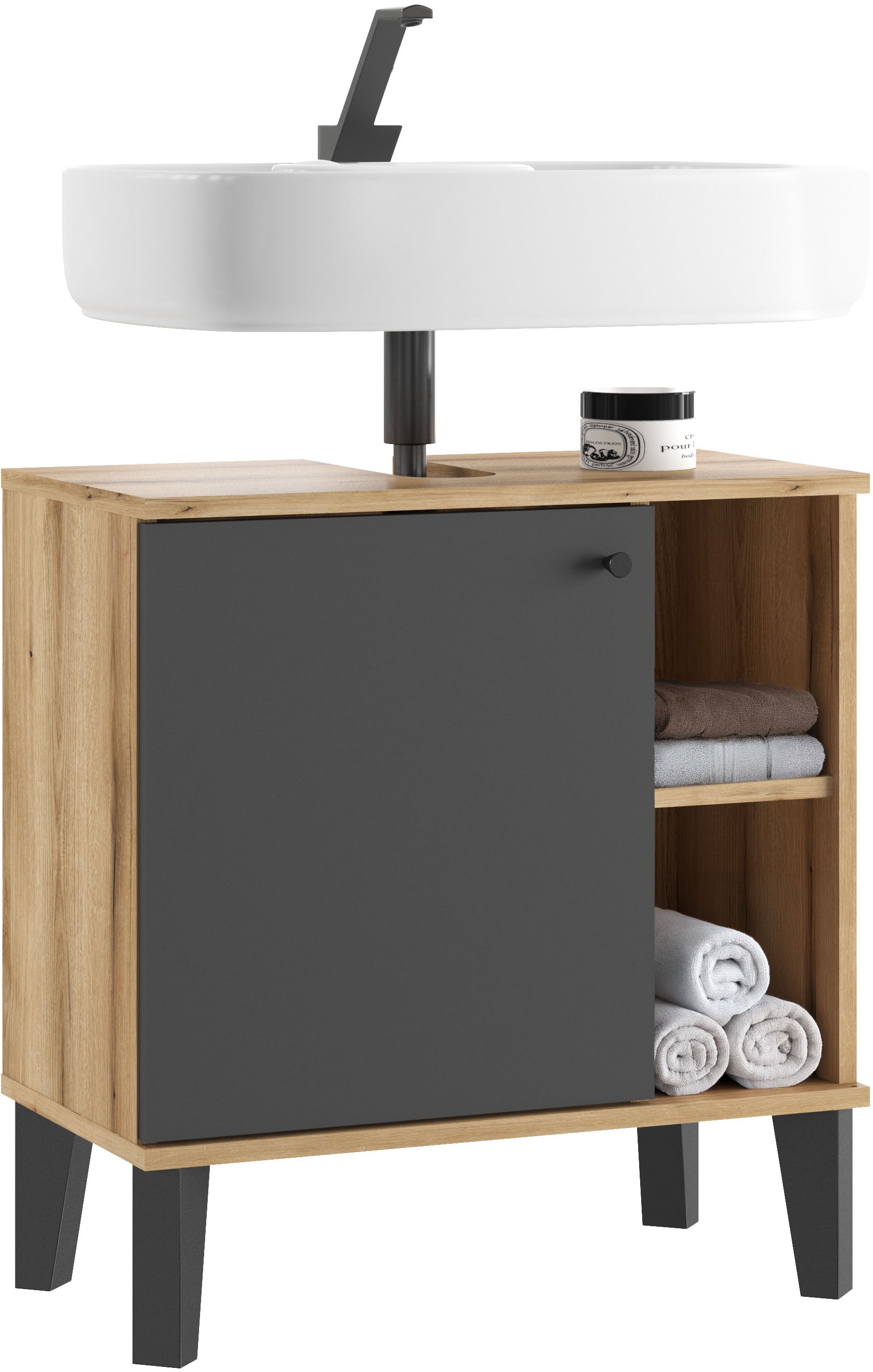 Home affaire Waschbeckenunterschrank »Oslo, Waschtisch mit Knopfgriff, Badschrank im skandinavischen Design« in der Türfarbe Weiss oder Grau verfügbar, ausreichend Stauraum