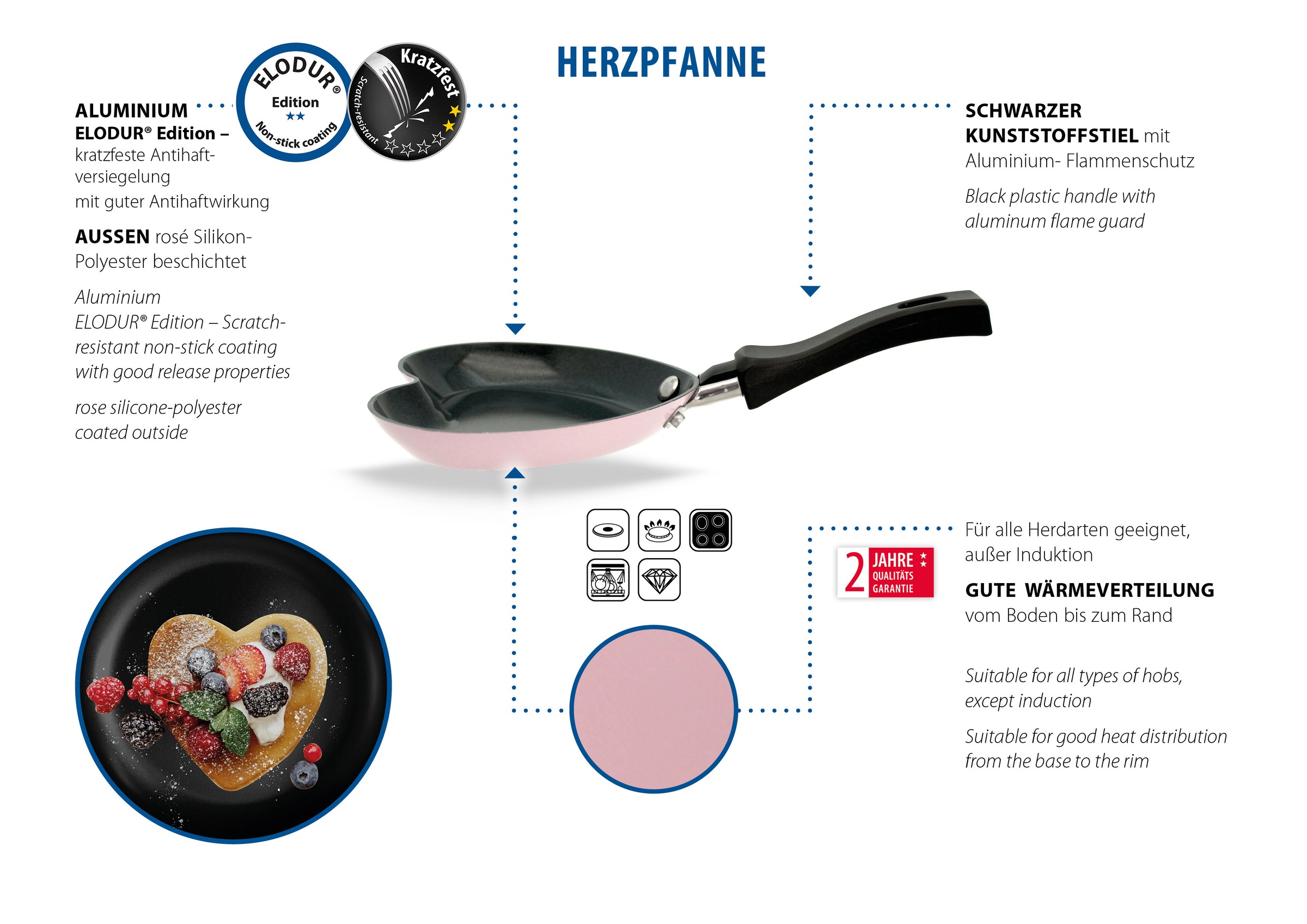 Elo Basic Poêle à frire »Basic Pfanne + Gratis Mini Herzpfanne« Aluminium Ensemble, 2 tlg. extérieur en silicone polyester rosé