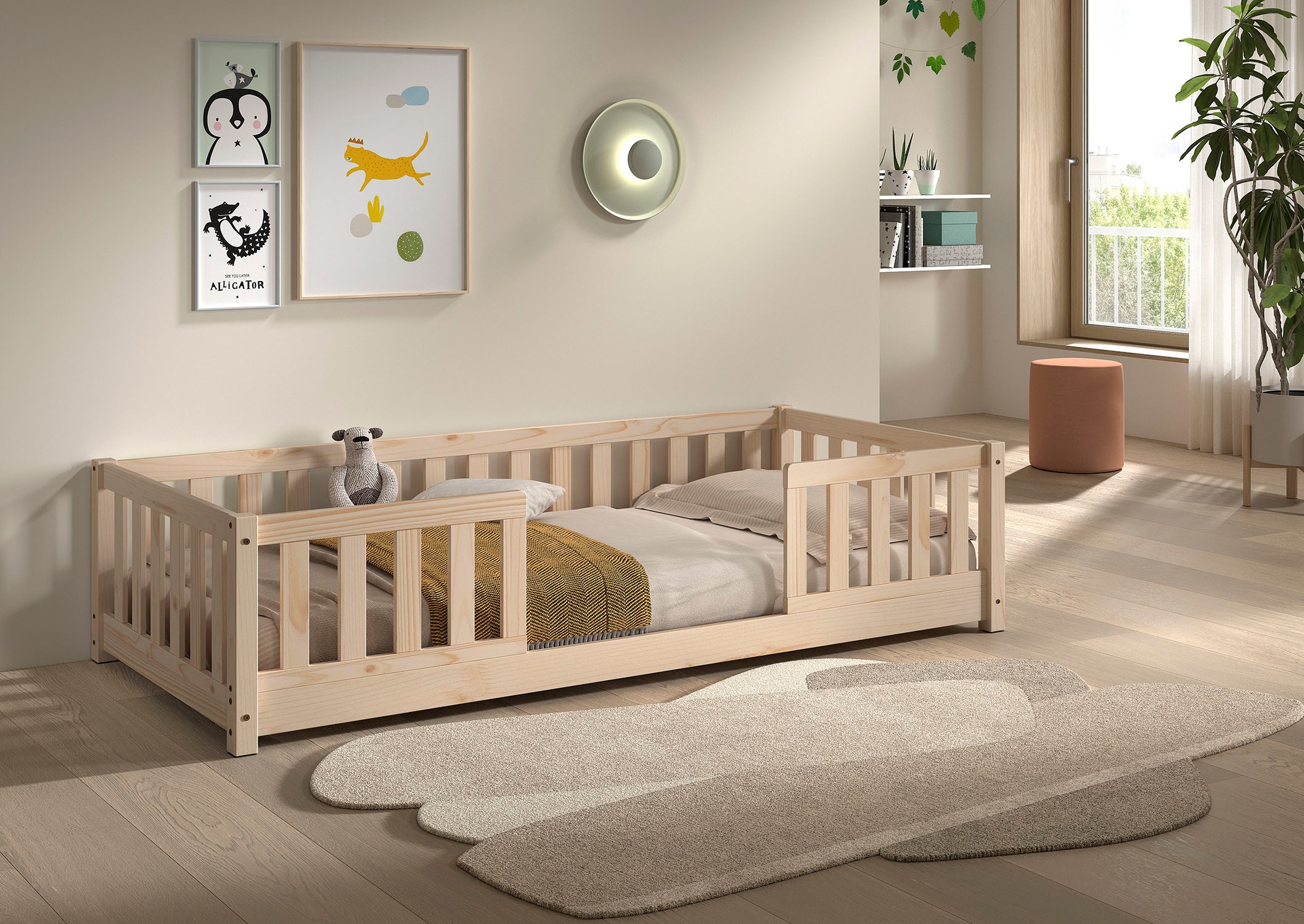 Vipack Kinderbett »Dallas, massiv Bett, Rausfallschutz, umbaubar vom Boden- zum Daybett« inkl. Rolllattenrost und Sprossenumrandung, 90 oder 140x200 cm breit,  stabil und standfest gebaut, wahlweise Kiefer massiv natur oder weiss