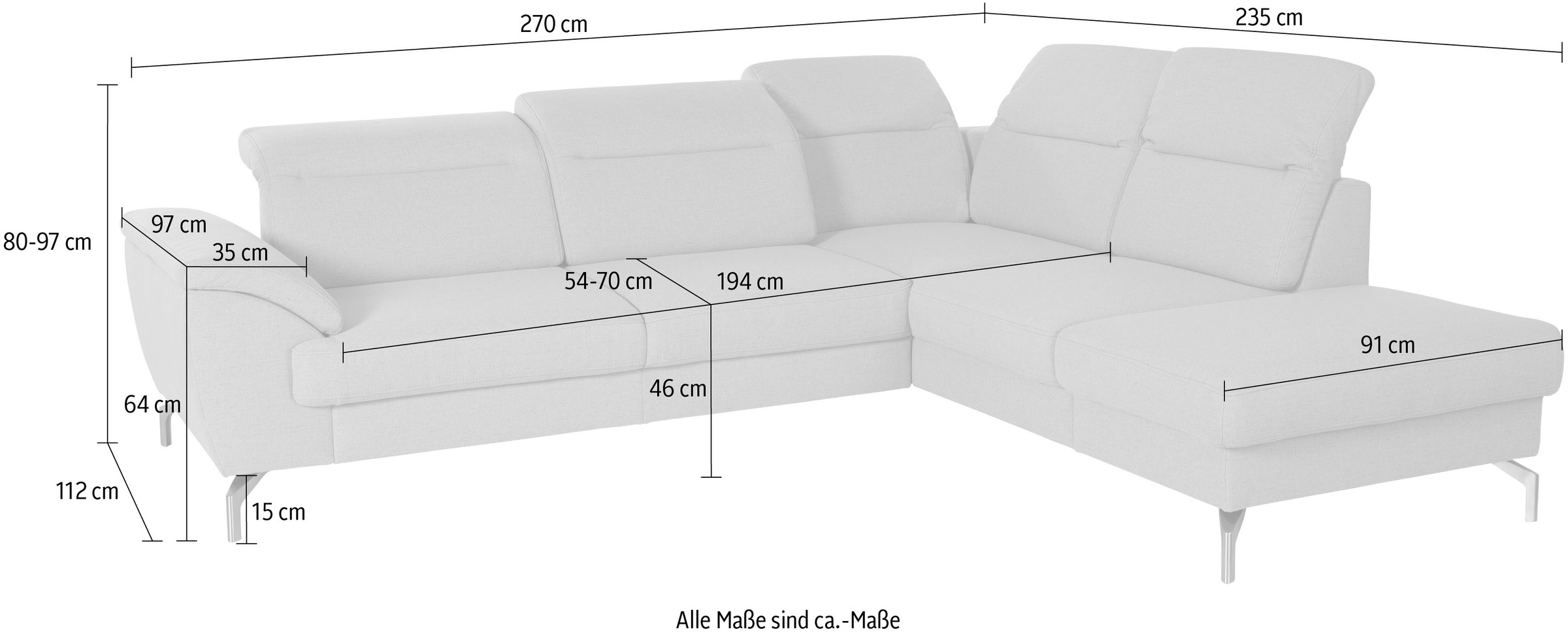 sit&more Ecksofa »Percy L-Form«, 15 cm Fusshöhe, Sitztiefenverstellung, wahlweise in 2 Fussfarben