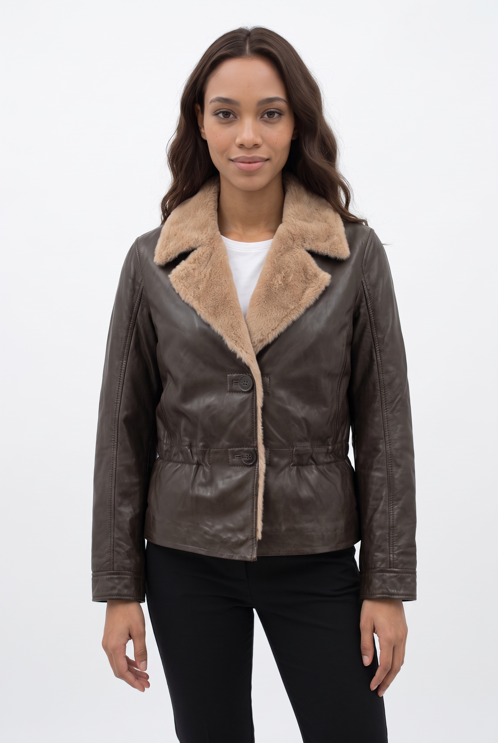 Mauritius Veste en cuir »MWIcelyn« avec col revers orné de fausse fourrure, cintré
