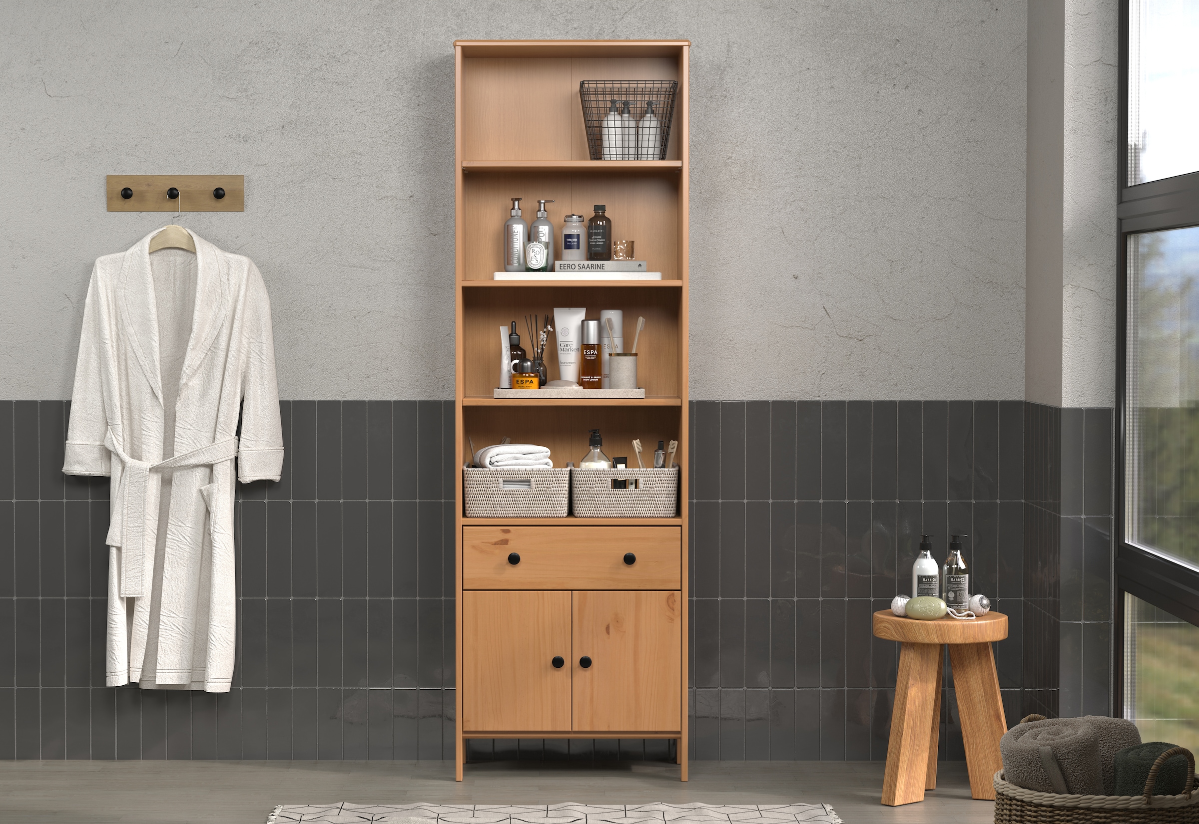 welltime Hochschrank »Kall«, (1 St.), Badezimmerschrank aus Kiefer-Massivholz - Masse (B/T/H) 60/33/188 cm