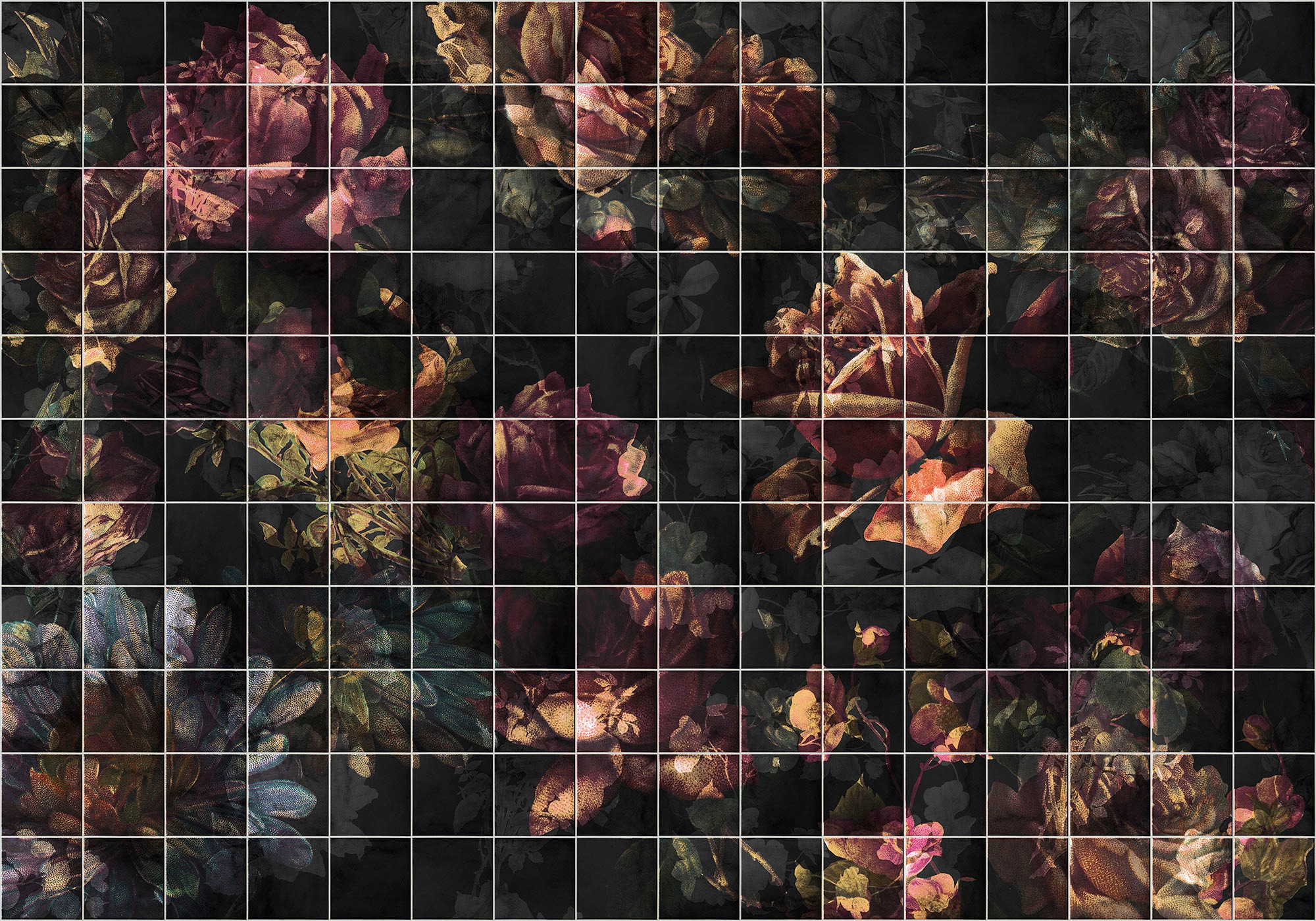 Image of Komar Vliestapete "Digitaldruck Vlies - Tiles Flowers - Grösse 400 x 280 cm" bedruckt glatt Wohnzimmer, Schlafzimmer