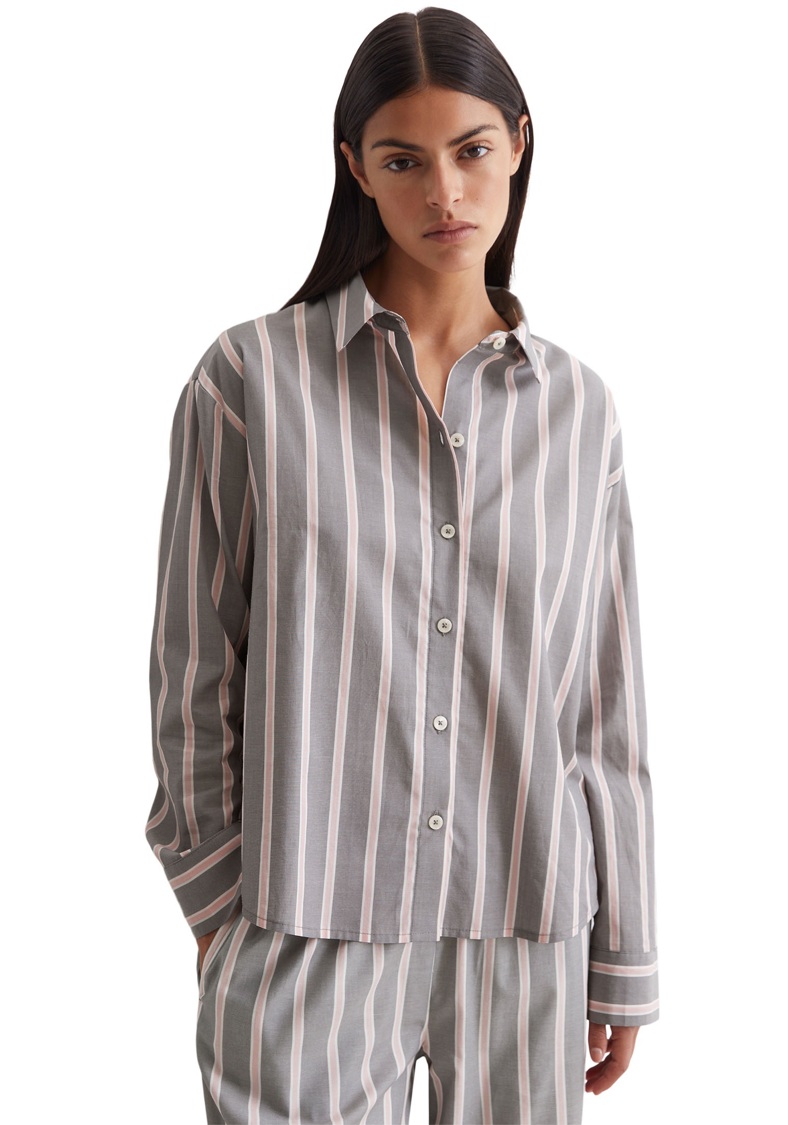 Image of Marc OPolo Pyjamaoberteil "Mix & Match Woven" Knöpfe, Langarm, Streifen, Popeline, Baumwolle