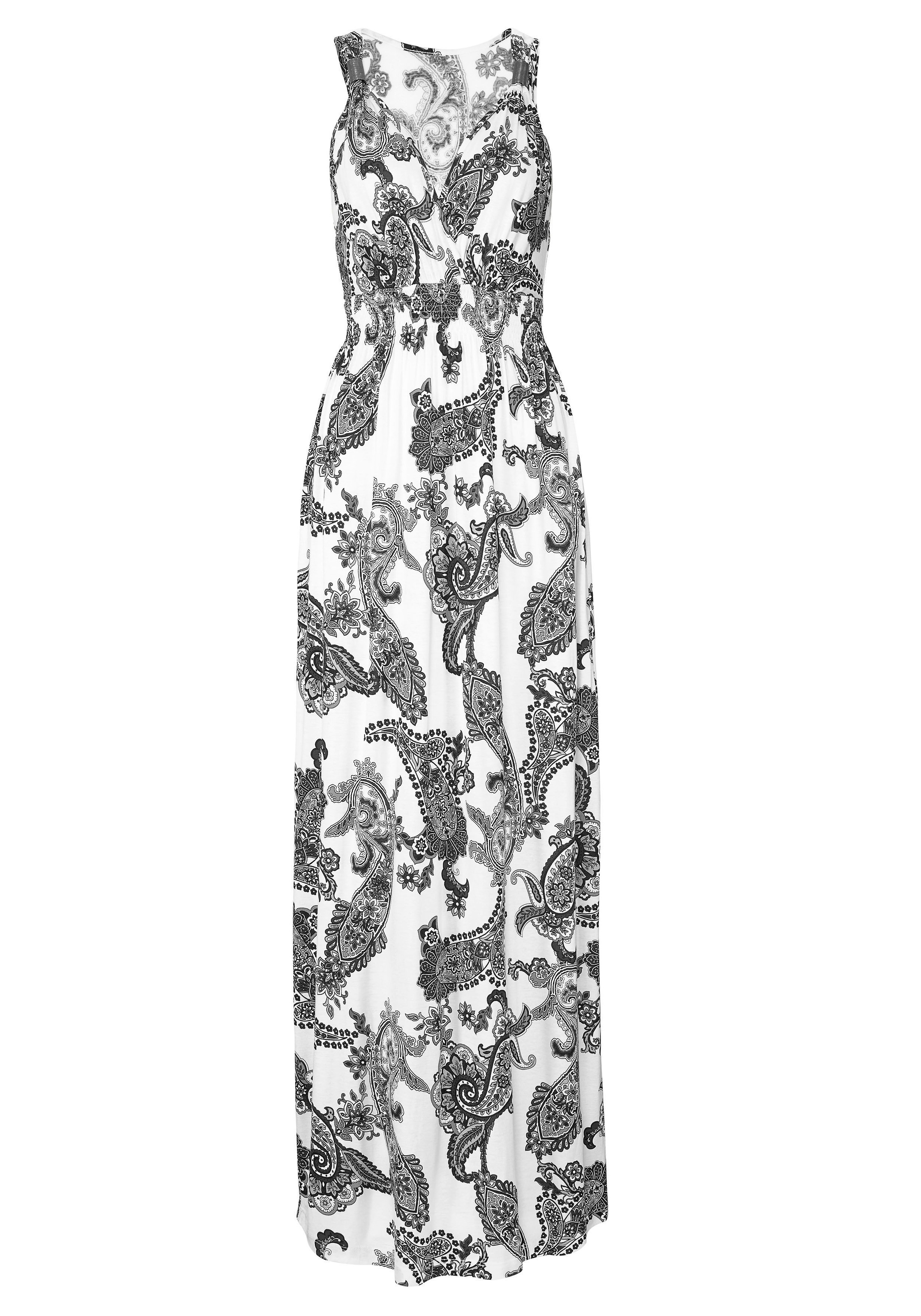 LASCANA Maxikleid "mit verstellbarem Ausschnitt und gesmokter Taille, Jerseykleid" Ohne Taschen Sommerkleid, Strandkleid, Viskosekleid, Boho-Kleid mit Paisleymuster