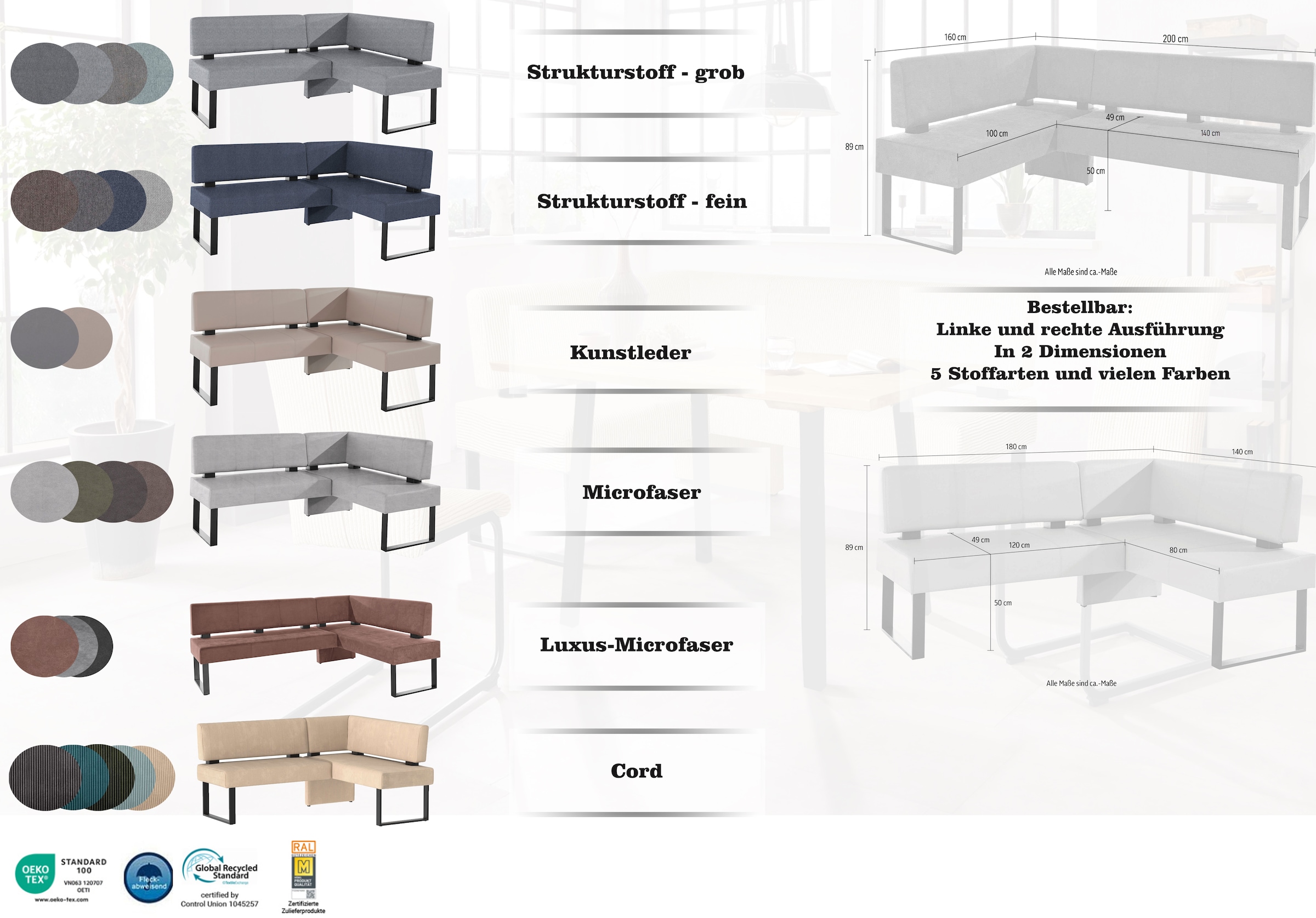 Home affaire Eckbankgruppe »Oliver«, (Set, 4 tlg., 4-tlg), Eckbank mit Wellenunterfederung im Sitz, Tisch Massiv Eiche