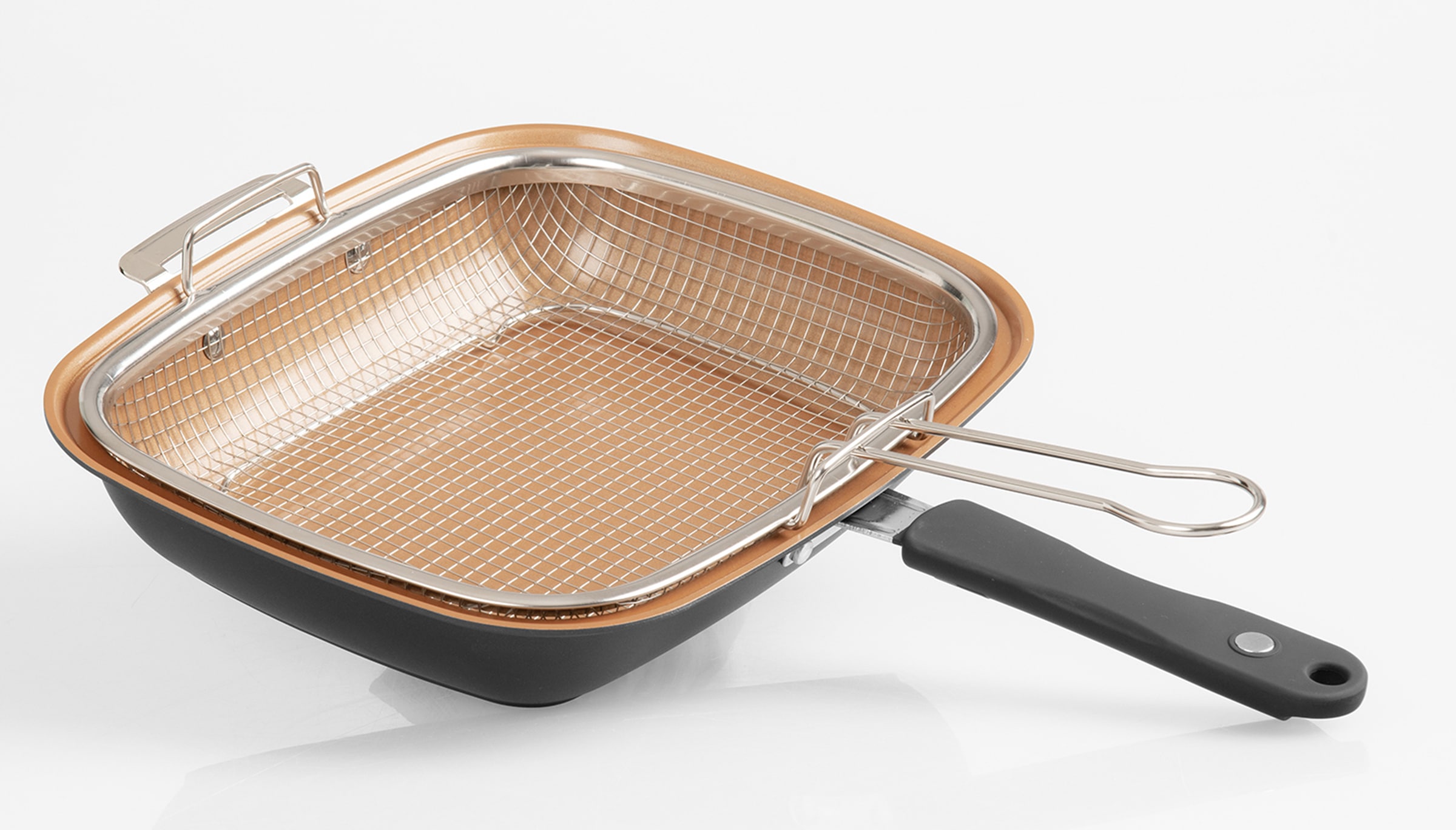 LIVINGTON Bratpfanne »Black Doubletta Deluxe«, Aluminium, (1 tlg.), 2-in1 Wendepfanne mit Frittier-Korb-Einsatz und Glasdeckel, Induktion