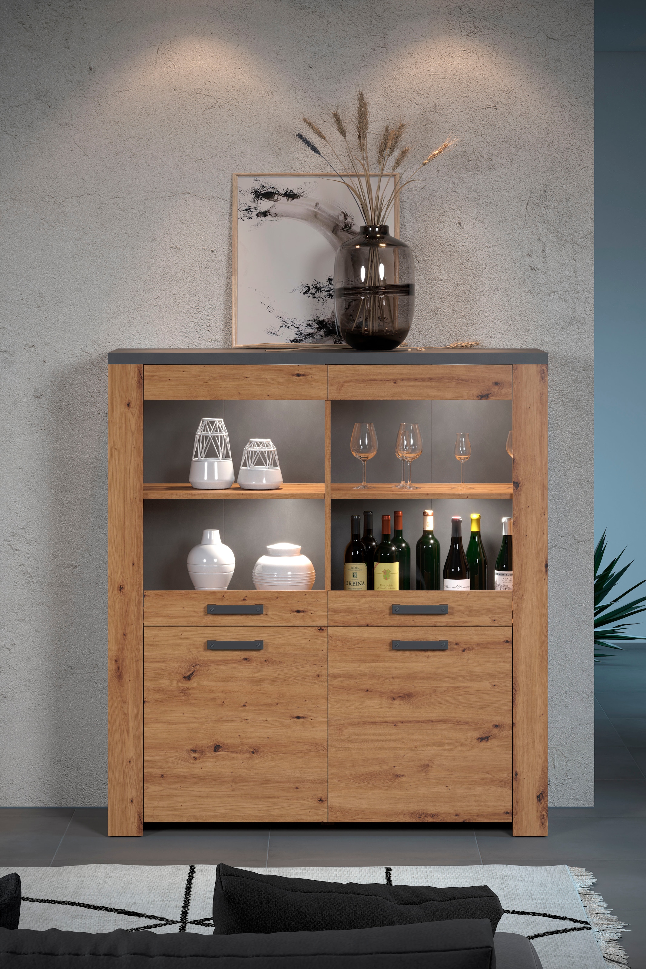 Home affaire Highboard »Ambres«, (1 St.), Vitrine, Echtholzoptik, ca. Masse BxH: 127x139 cm